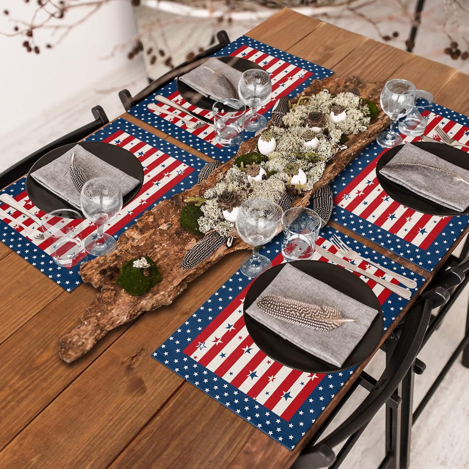 4th of July Placemats for Dining Table Set of 6 Red Blue Stripes Stars Place Mats American Flag Independence Day Tablemats July 4th Place Mats for Memorial Day Holiday Kitchen Dinner Party Decor