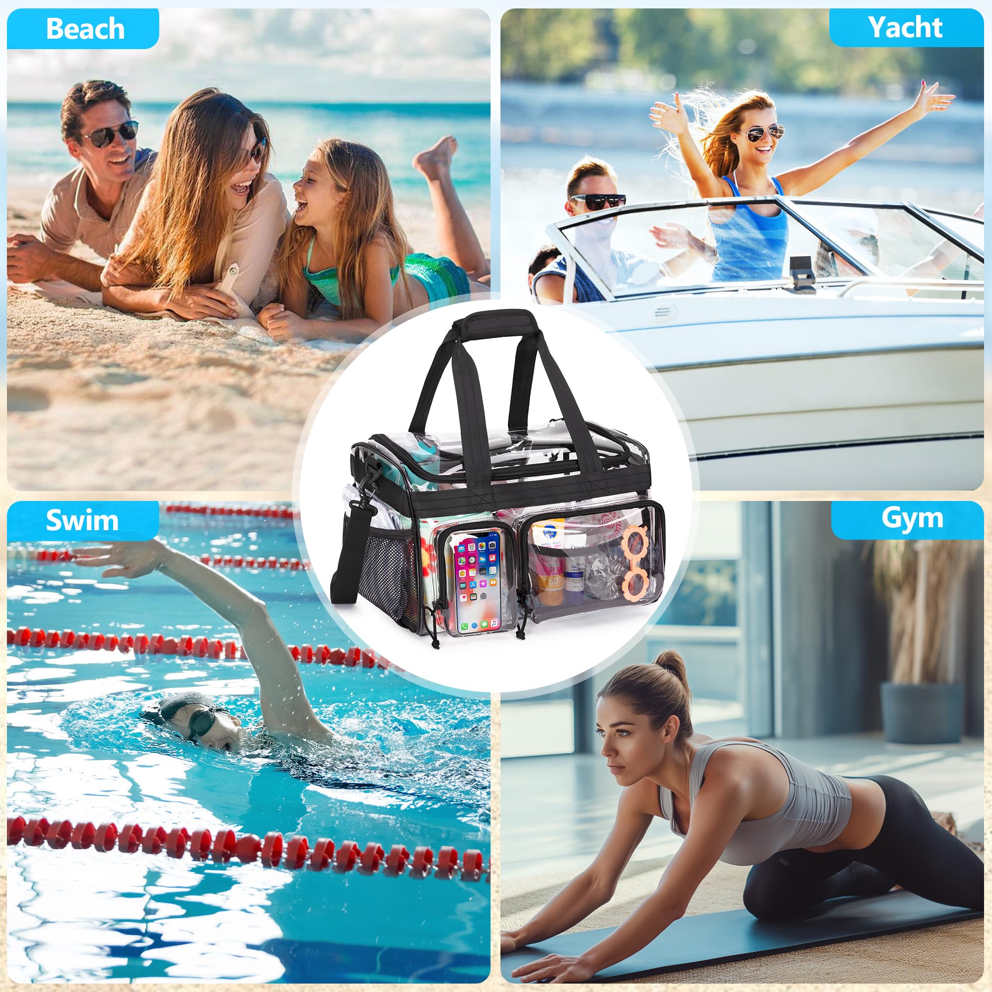 Yarwo Sac de Plage Transparent PVC Étanche avec Poche à Chaussures | Avec PVC Imperméable, Compartiment Chaussures, Plusieurs Poches et Fermeture Zippée pour Plage, Piscine et Stade