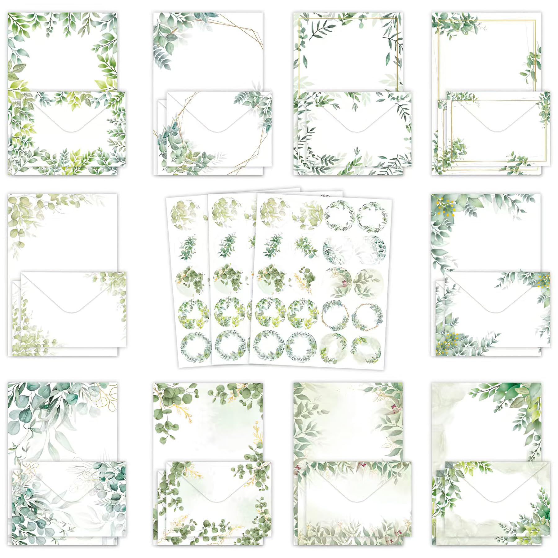 RAORAOYUE 160 Pcs Eucalyptus Stationery Paper Set, 50 Stationary Paper 50 Envelopes 60 Round Dot Sticker, 3