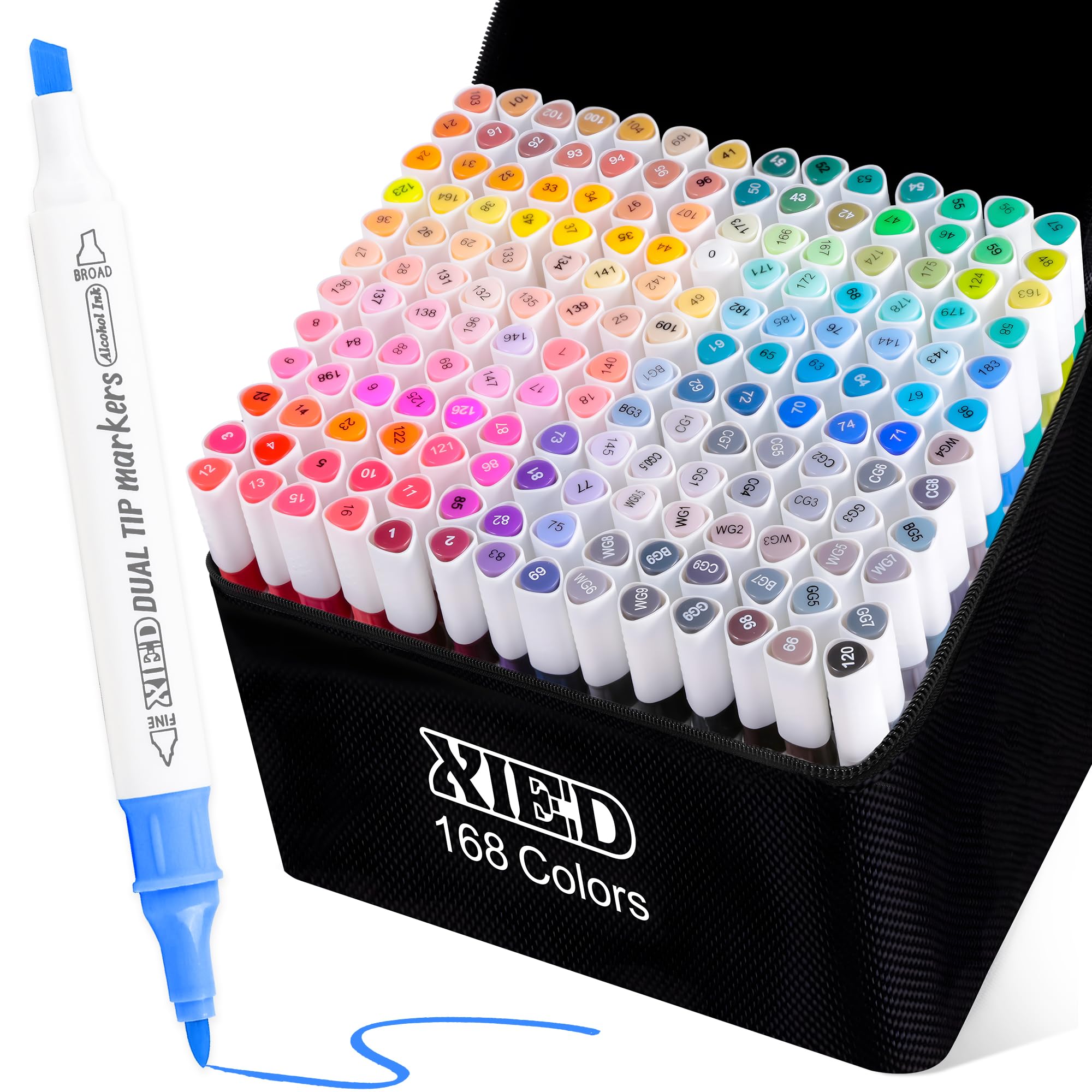 XIEED Alcohol Markers, 168 Colors Alcohol Based Art Markers with Dual Tips, Colouring pens for Adults Students Artists in Painting, Drawing (Fine & Broad)