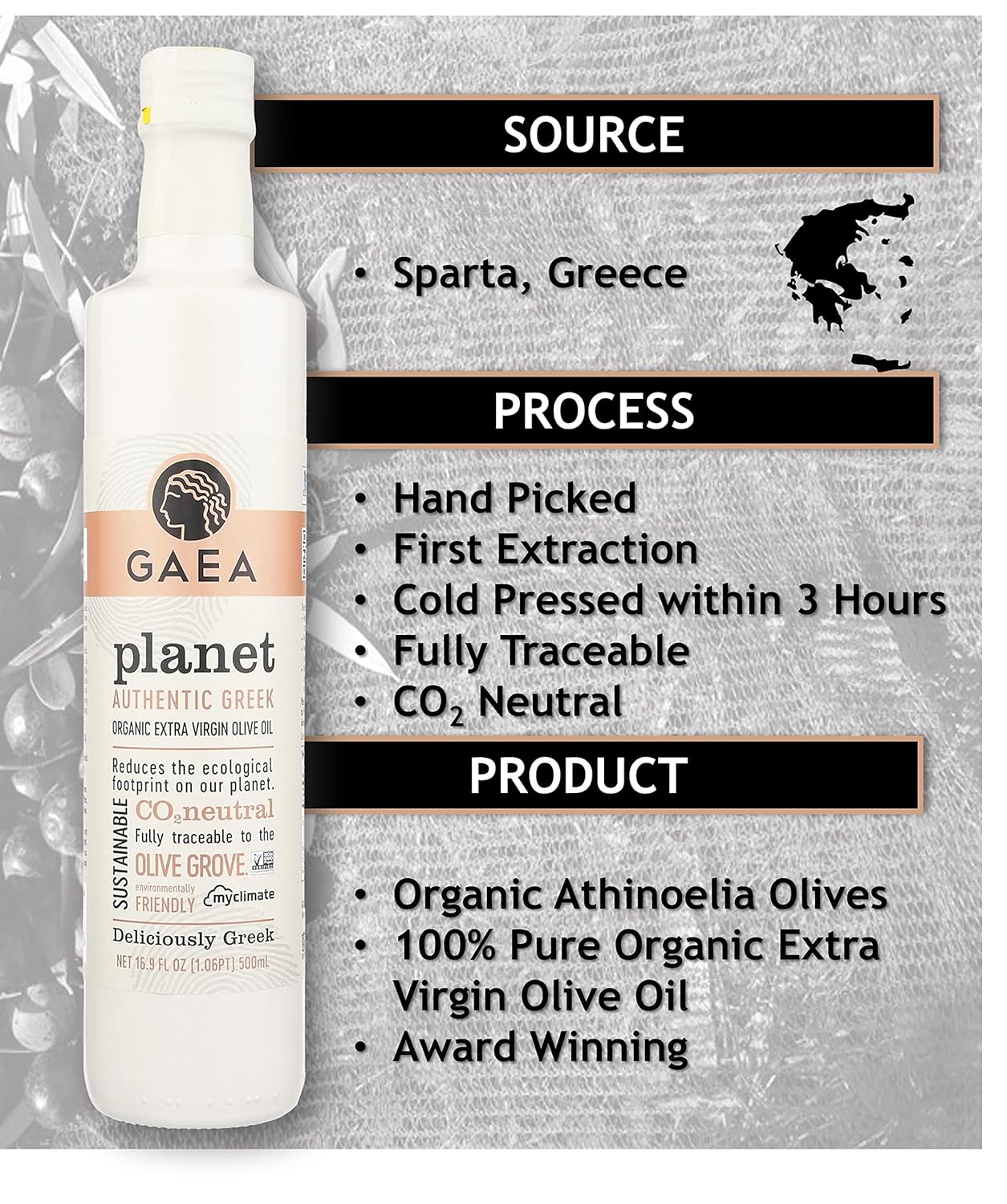 Gaea Greek Planet Organic Extra Virgin Olive Oil | First Cold Pressed | Non-GMO | Carbon Neutral | Robust Flavor Perfect for Dressings | 16.9oz glass bottle delivered in a protected clamshell box