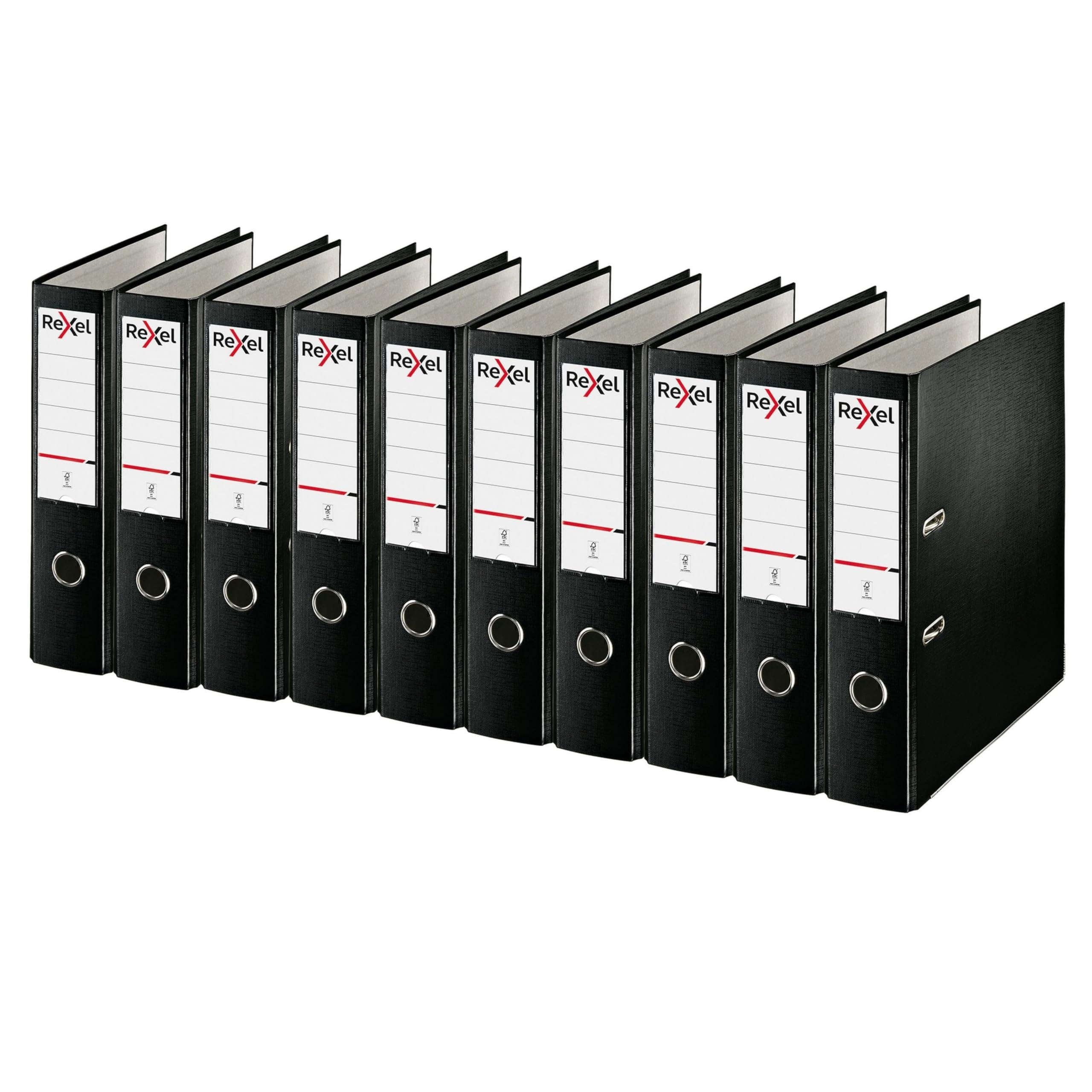 Rexel A4 Lever Arch Files, Black Polypropylene Filing Folders, Durable PP ECO 75 mm Spine Holds Up to 500 Sheets, for A4 Document Storage and Everyday Filing, Pack of 10
