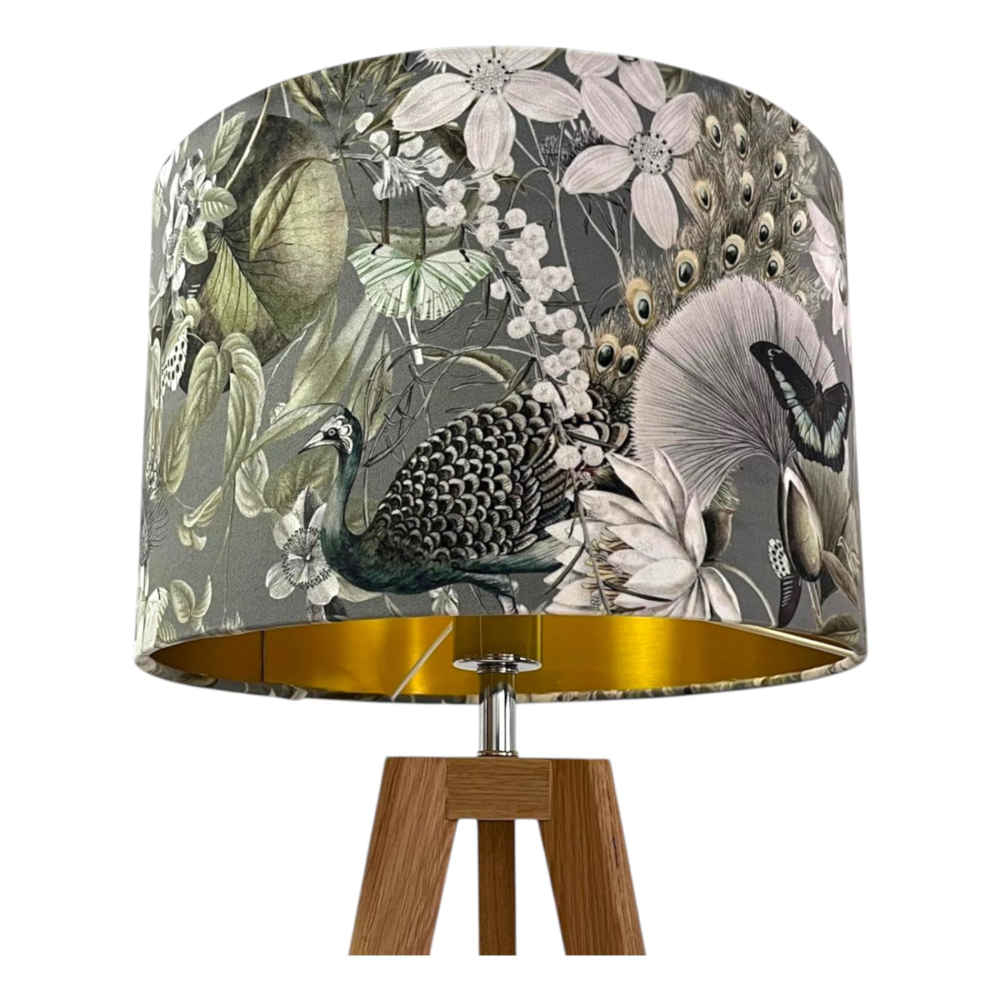 Pale Grey Velvet Peacock Botanical Brushed Gold Drum Lampshade