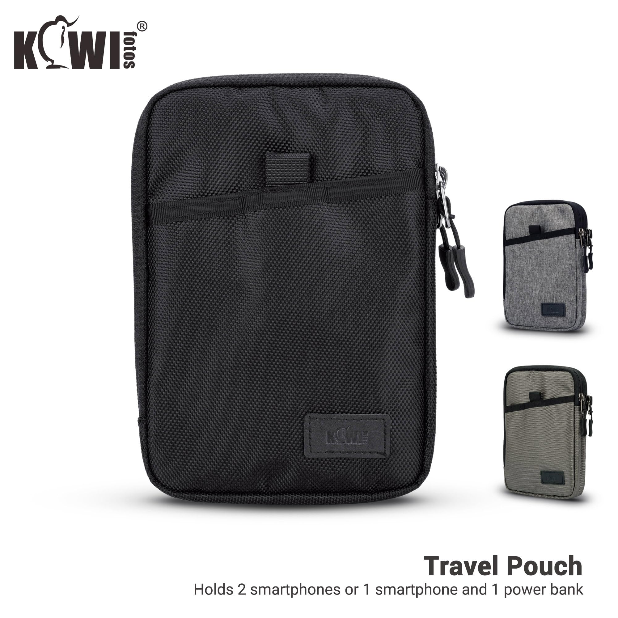 KIWIFOTOS Triple teléfono Pasaporte de Viaje Bolsa de Cuello con Correa de Hombro y mosquetón multifunción para Smartphone, Tarjeta, Gran Accesorio de Viaje (Negro)