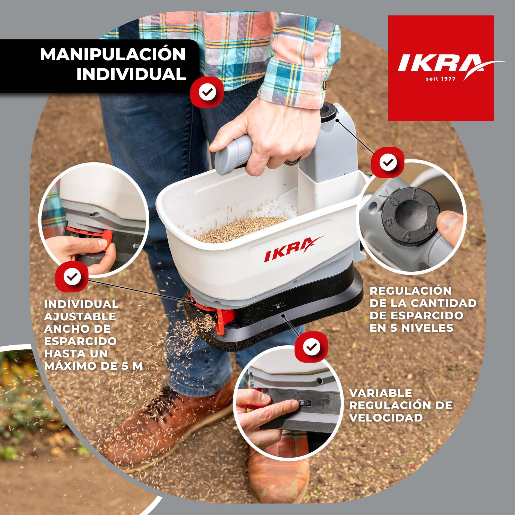 IKRA esparcidor IAST 12, ancho de esparcimiento 5m, incl batería y cargador | Esparcimiento eficaz de fertilizantes, sal para carreteras, semillas y pienso, gama de baterías de 12 V de IKRA