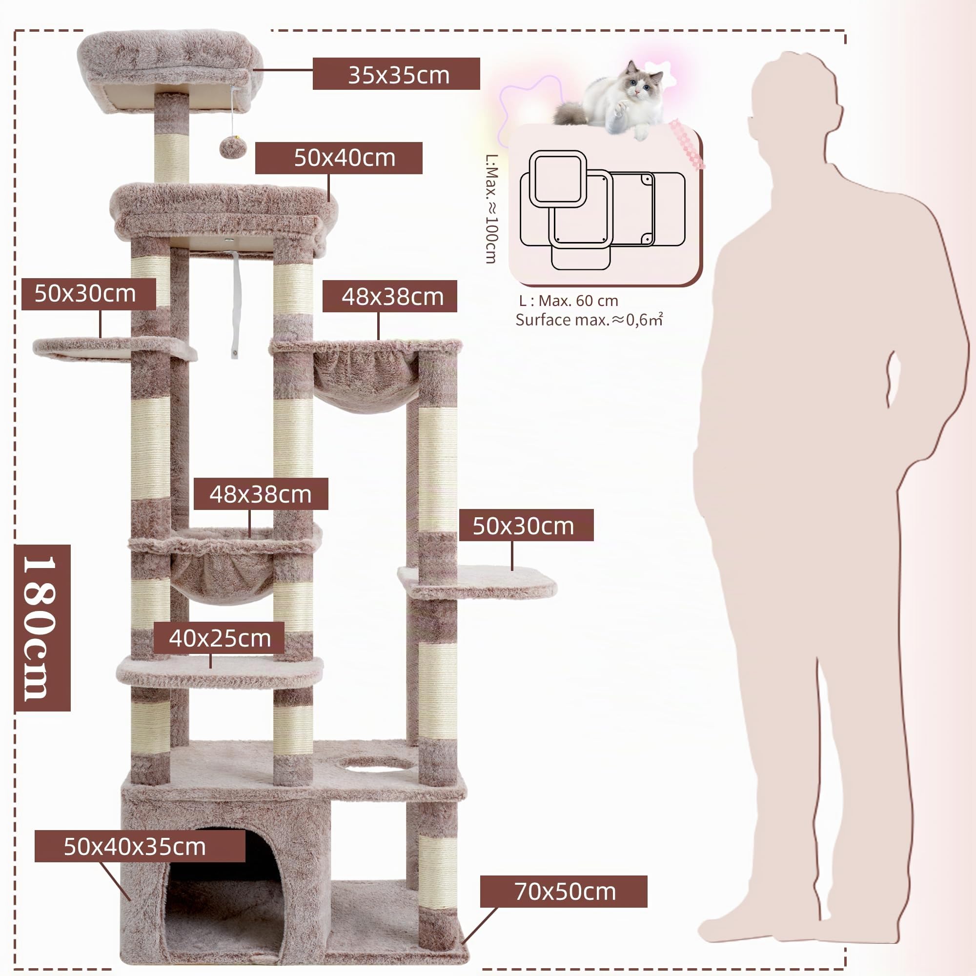 Heybly Arbre À Chat, 180cm De Haut avec Base Stable, Plateforme XL, Grande Maison pour Chat, 2 Hamacs, Meubles pour Chats À Plusieurs Niveaux pour Les Chats du Maine, Marron Beige HCT037MU