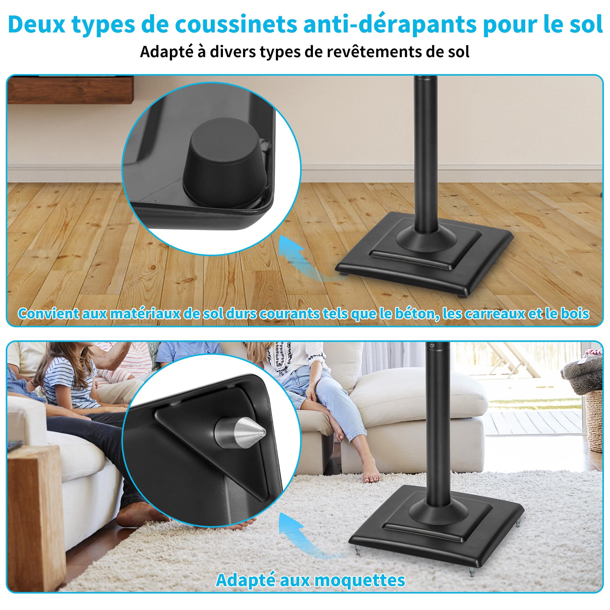 OUUTMEE Lot de 2 Supports d'Enceinte Réglable en Hauteur, Pieds d'Enceinte de Sol avec Gestion des Câbles Jusqu'à 5KG, Supports de Haut-parleurs pour Enceintes Satellites (Noir)