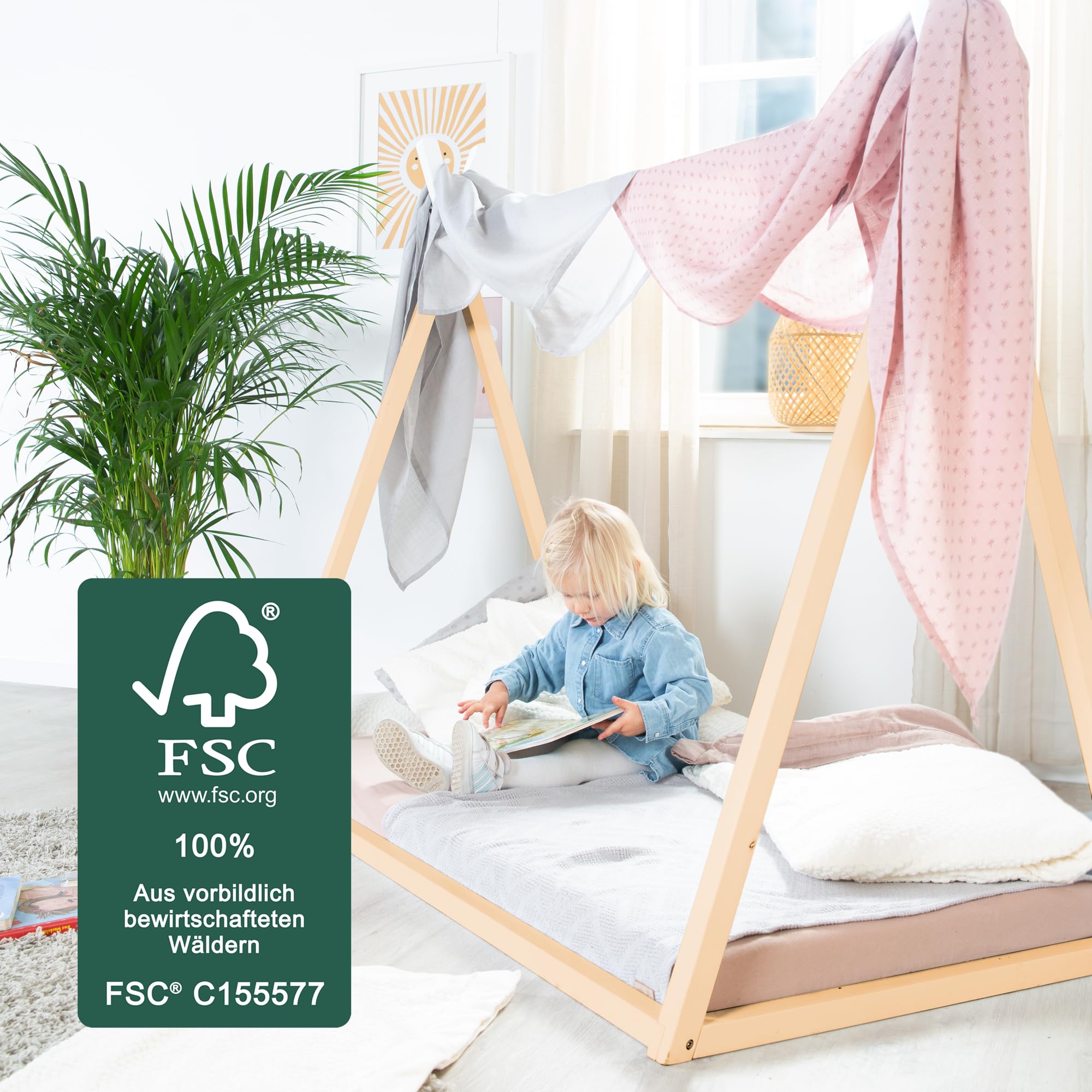 roba Cuna Tipi 70 x 140 cm en Forma de Tienda - Cama Infantil Según Principio Montessori - Fabricada en Madera de Bambú Certificada por FSC - Lugar para Jugar, Leer y Abrazar - Natural