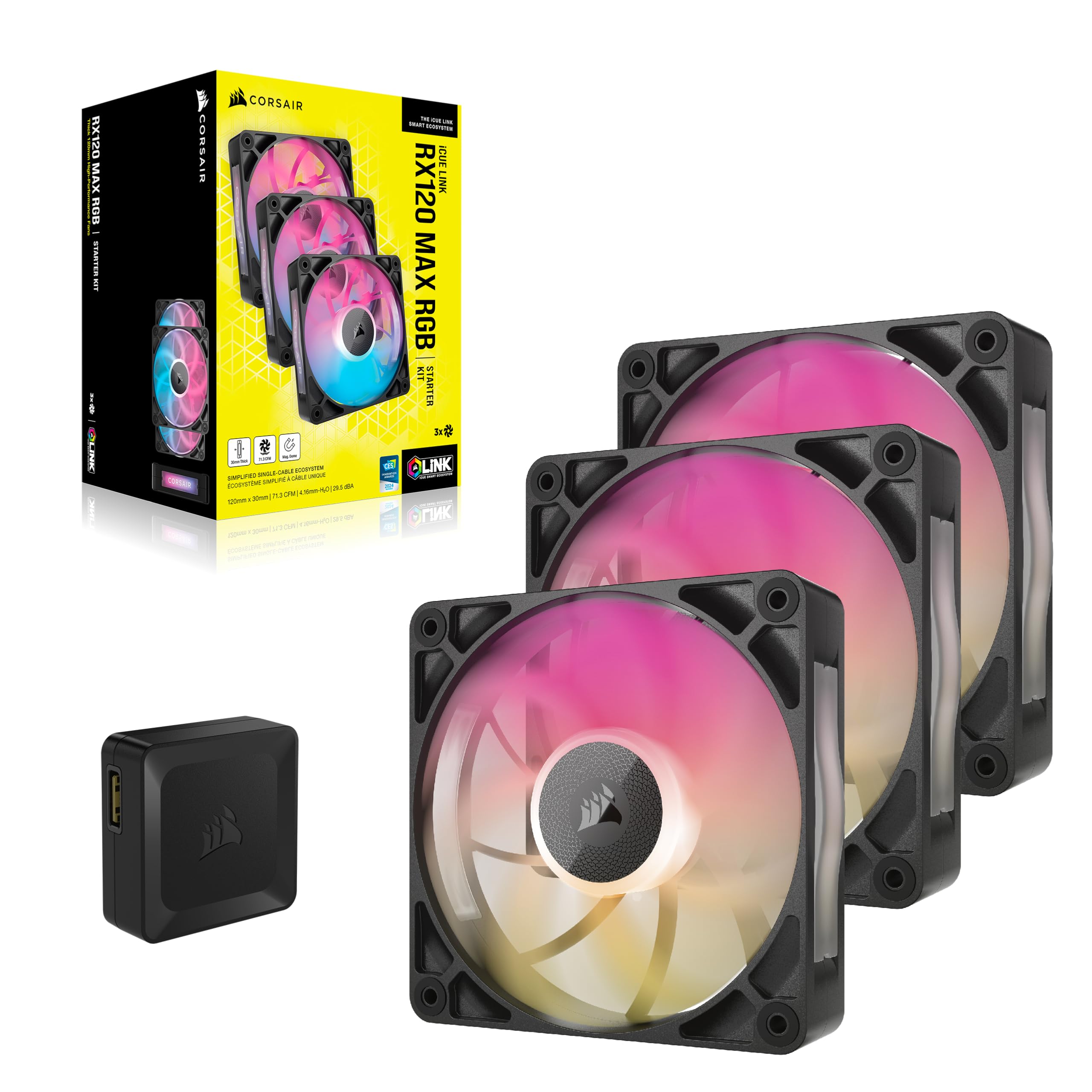 CORSAIR iCUE Link RX120 MAX RGB 120 mm PWM Ventilador Gruesos con iCUE Link System Hub – Alta Presión Estática – Rodamiento Magnético de Cúpula – Paquete Triple – Negro
