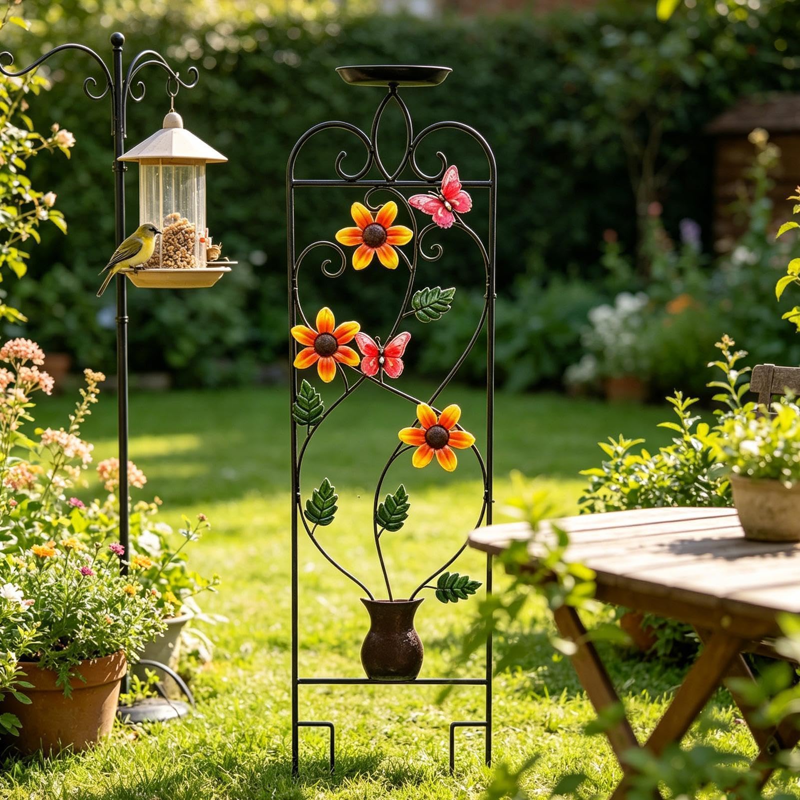 Enrejado de Jardín - Estético Metálico con Bebedero para Aves - Enrejado Alto con Bebedero para Aves | para Flores Enredaderas Verduras Bancal Jardín Patio