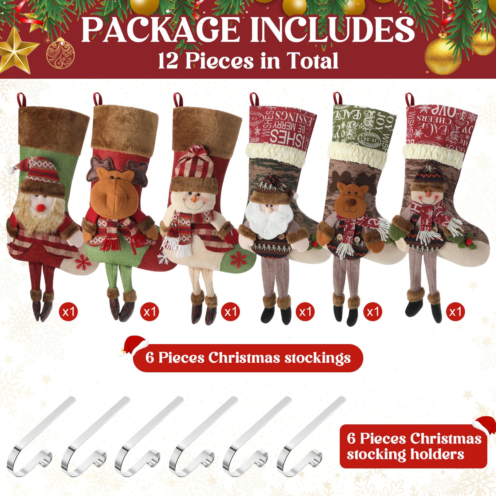 Foaincore Weihnachtsstrümpfe mit 6 Stück Weihnachtsstrumpfhalter aus Zinklegierung, 3D-Weihnachtsmann, Schneemann, Rentier, Kamin, verstellbare Halterungen für Weihnachten, Familie, Urlaub, Kaminsims