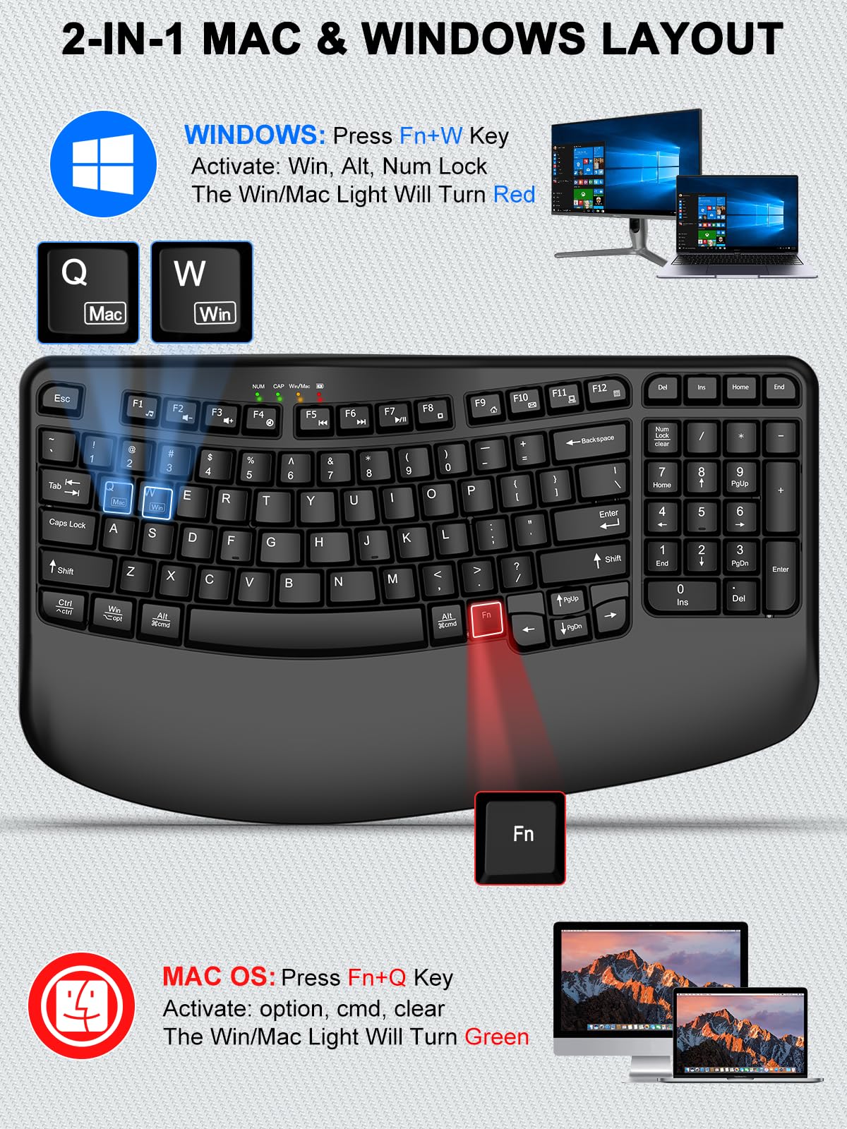 EDJO Teclado inalámbrico ergonómico con reposamuñecas, teclas onduladas, escritura natural cómoda, teclado inalámbrico Ergo de 2.4 GHz para computadora, Windows, Mac OS, portátil, PC (negro)