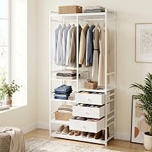 White Mobile Open Wardrobe with Drawers, Shelves & Lockable Wheels