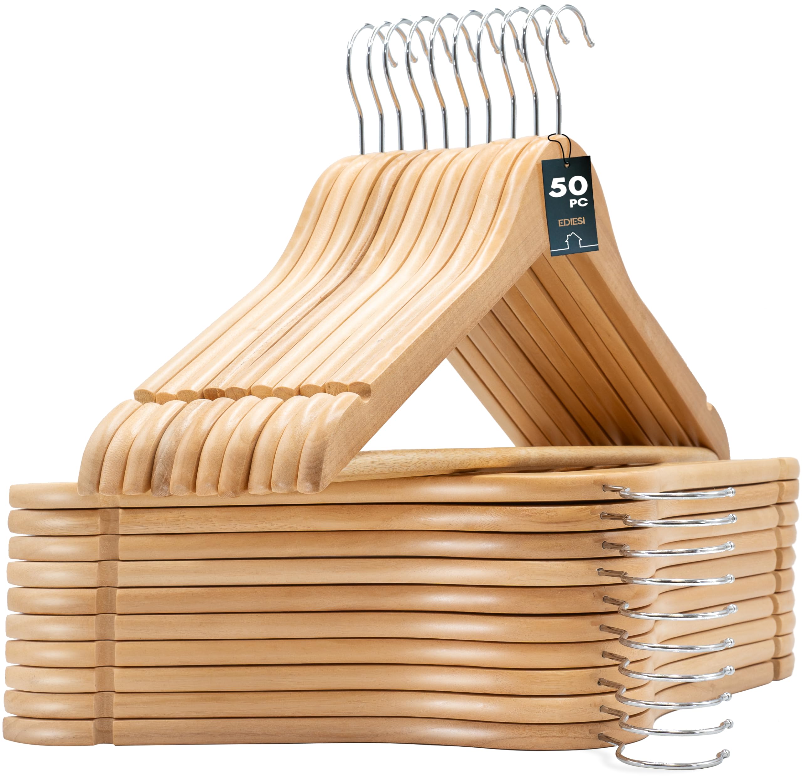 edihome, Kleiderbügel Holz, Set mit 50, Bügel aus Massivholz, Rutschfester Hosenteg, Einkerbungen im Schulterbereich, 360° drehbarer Haken, für Anzüge, Hemden (Holz, 50 Stück)