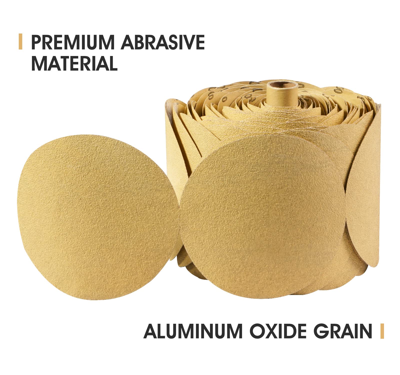 Papel de lija dorado de alta calidad de 6 pulgadas, 100 discos de lija de grano 120, autoadhesivos, papel de lija de óxido de aluminio PSA para carpintería, metal y pintura