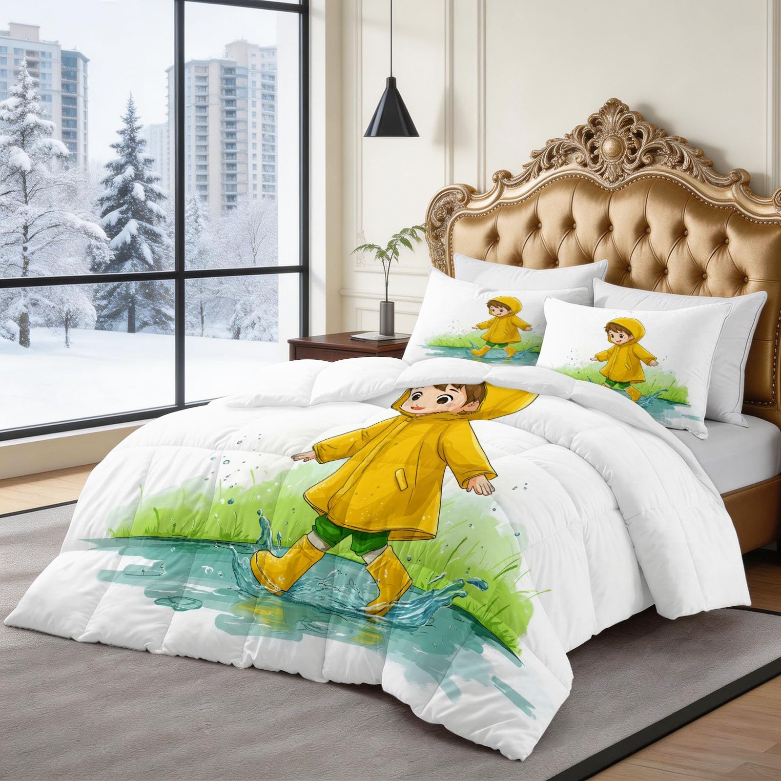Generico Piumone Invernale Matrimoniale 200 x 200 cm Anime Bambino Pioggia Trapunta in Ecopiuma 400 gr/mq, Caldo ed Elegante – Biancheria da Letto Anallergica e Traspirante – Set 3 Pezzi, Giallo