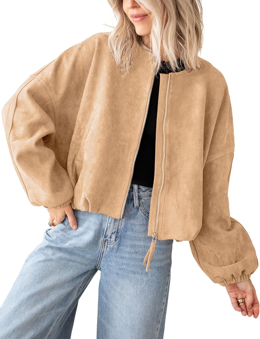 Tanming Womens Faux Suede Bomber Jacket Oversized Coats