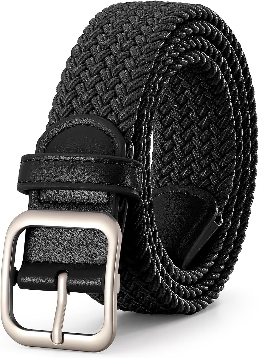 XZQTIVE Women Elastic Braided Belt with Silver Buckle, Woven Stretch Fabric