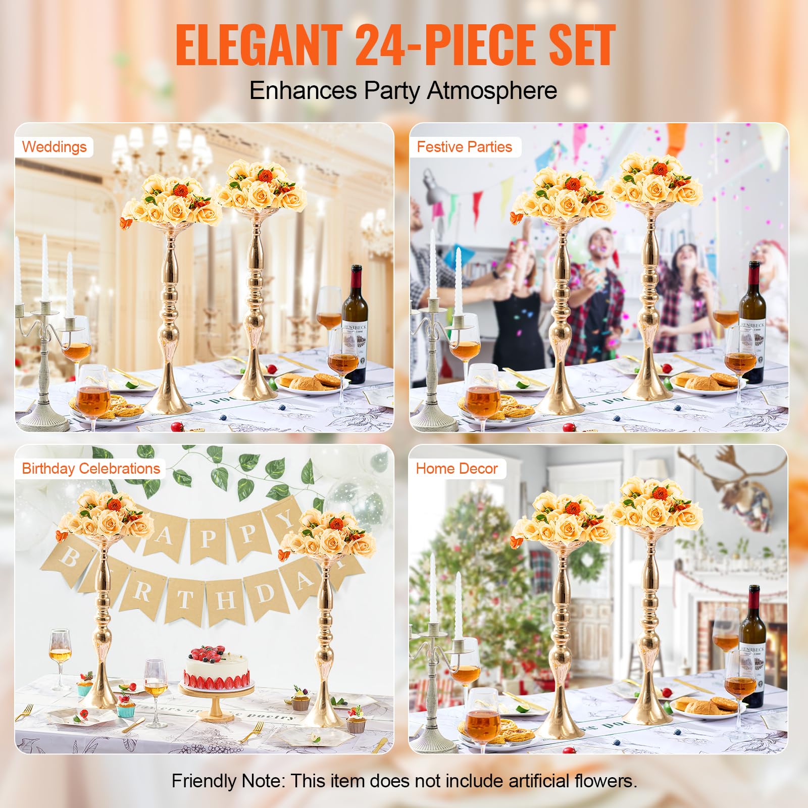 VEVOR Vase de Mariage, Lot de 24, Supports de Fleurs de Mariage de 50 cm de Haut, Vase Or en métal pour Centre de Table pour Tables, dîner de Mariage, cérémonie d'anniversaire, décoration d'événement