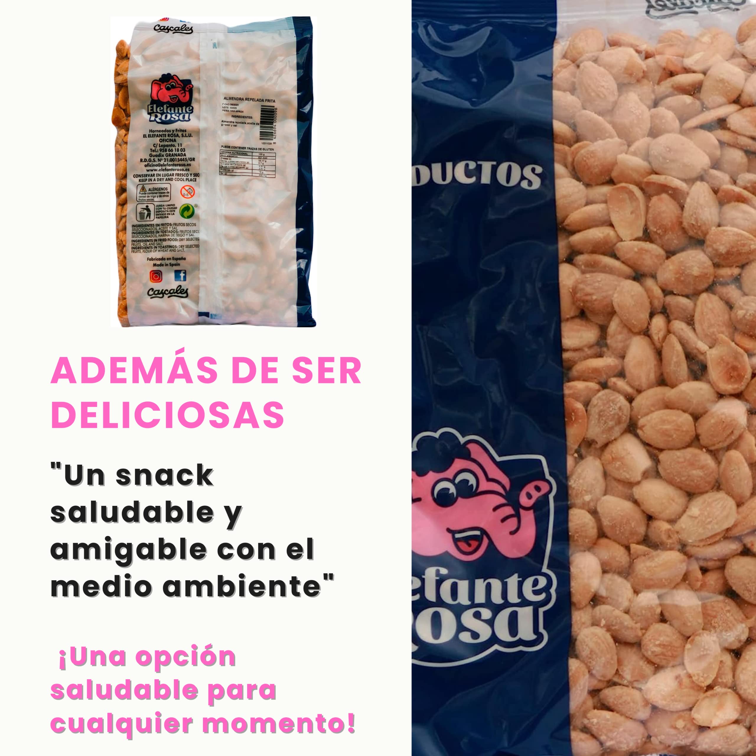 Almendras Fritas con Sal sin Piel 1kg – Almendras Repeladas Artesanales – Snack Saludable Rico en Proteínas y Fibra – Formato Ahorro 1 Kilo – Calidad Gourmet Elefante Rosa