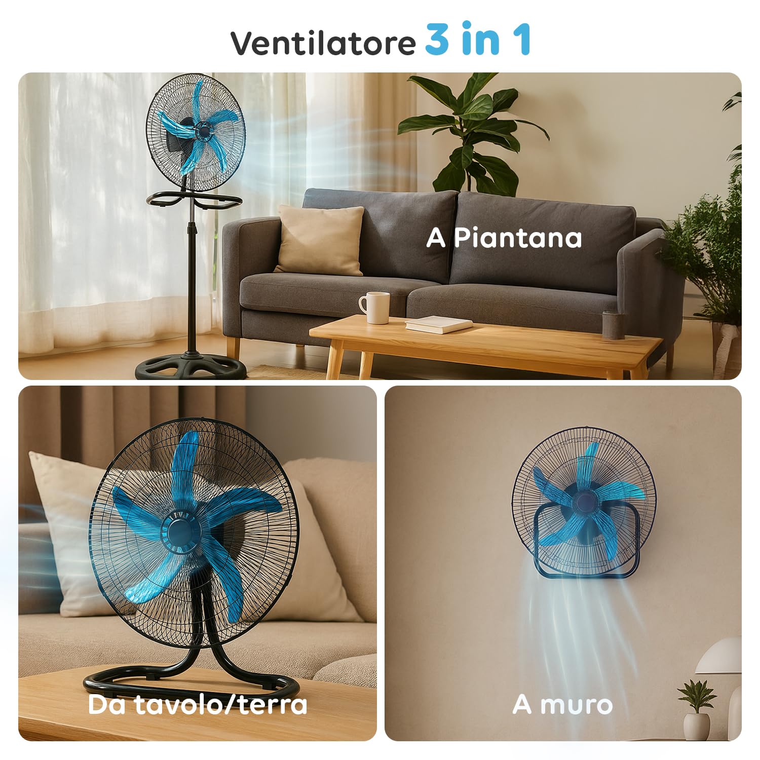 Wintem - Ventilatore 3 in 1 da Tavolo, Parete o Piantana con Oscillazione, Struttura in Acciaio, 50W, Altezza Regolabile, 3 Velocità e Pale da 50 cm per Raffrescamento Versatile