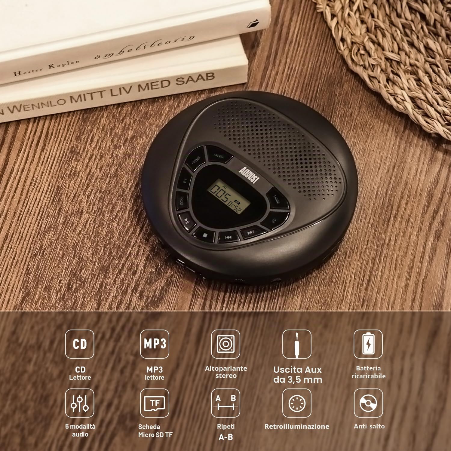August SE10 Lettore CD Portatile con Altoparlanti, Batteria Ricaricabile, Anti-shock, Aux out, Micro SD, Nero