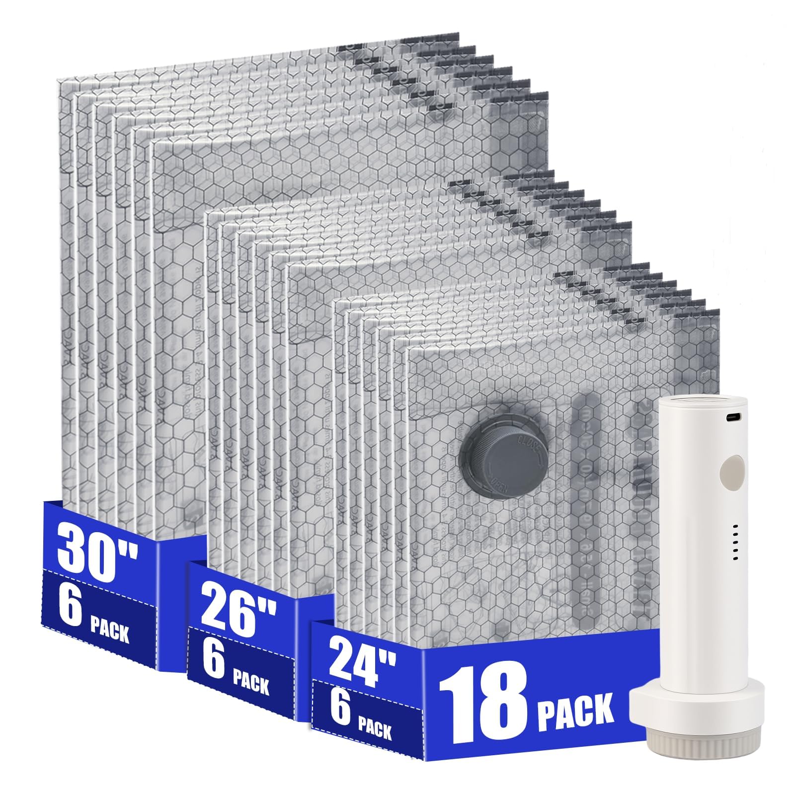 Vakuumbeutel für Reisen, mit wiederaufladbarer schnurloser Pumpe, Vakuumbeutel für Kleidung mit Handpumpe, tragbar, platzsparend, für Kleidung, Kompressionsverpackung für Gepäck, Bettwäsche, 18 Stück