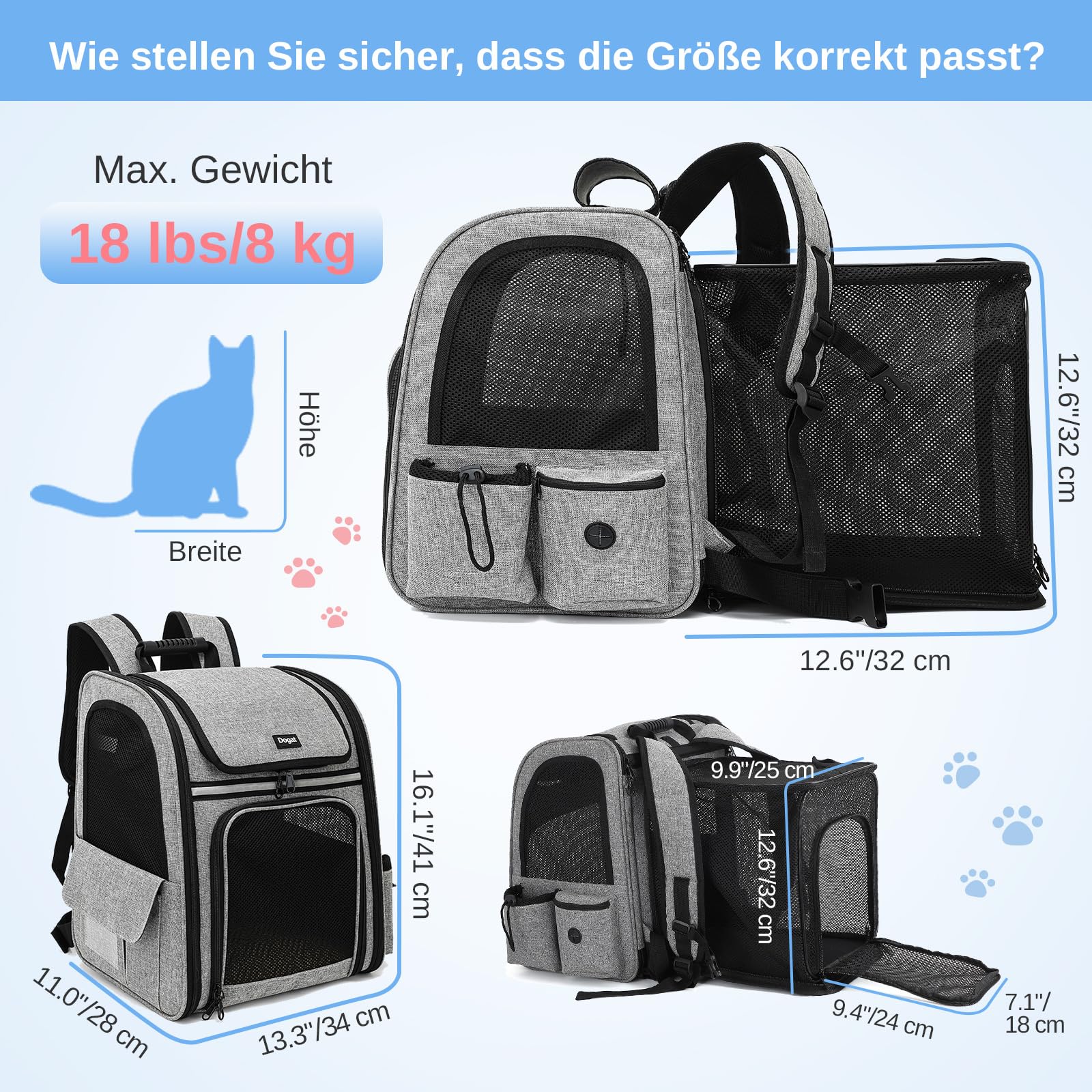 Erweiterbar Katzenrucksack mit Netzfenster, Tragbare und Faltbare Haustier Rucksack mit Innerer Sicherheitsleine und Haustierunterlage für Katzen Hunde bis 17 lbs (8 kg) Wandern, Walken (Grau)