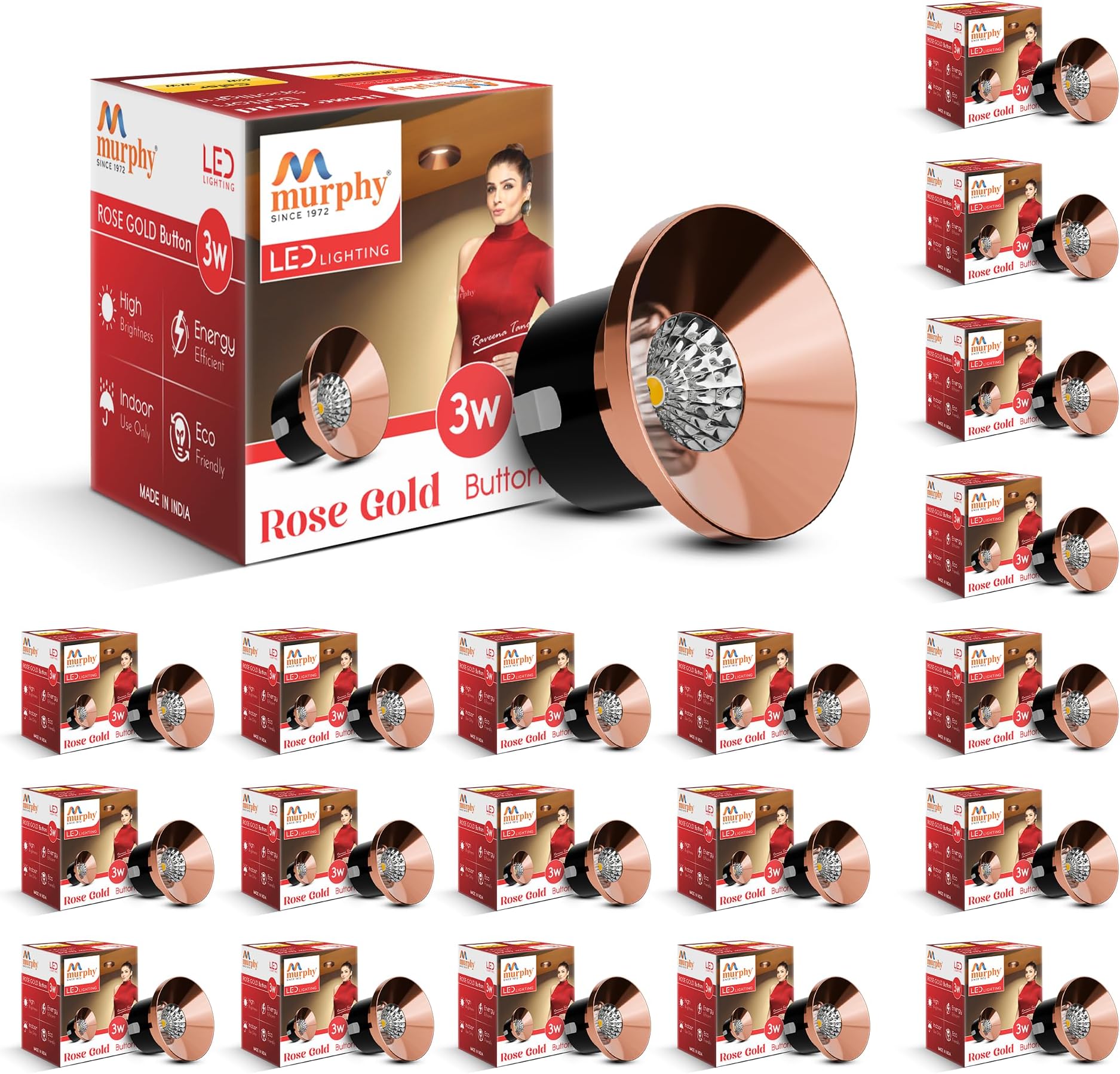 Murphy 3W Rose Gold Finish Button LED Spot Lights | Pack of 20 | Warm White (Golden Yellow) | Perfect for Home & Commercial Spaces