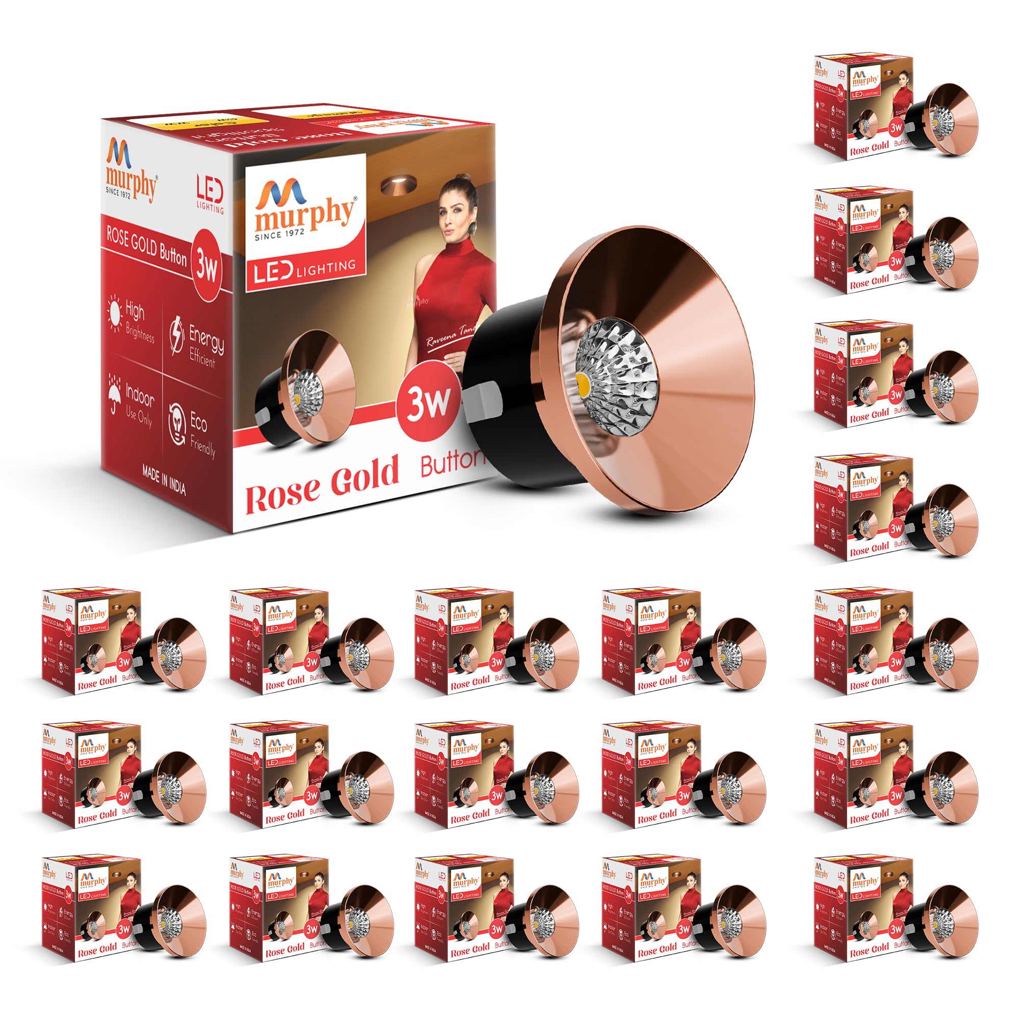 Murphy 3W Rose Gold Finish Button LED Spot Lights | Pack of 20 | Warm White (Golden Yellow) | Perfect for Home & Commercial Spaces