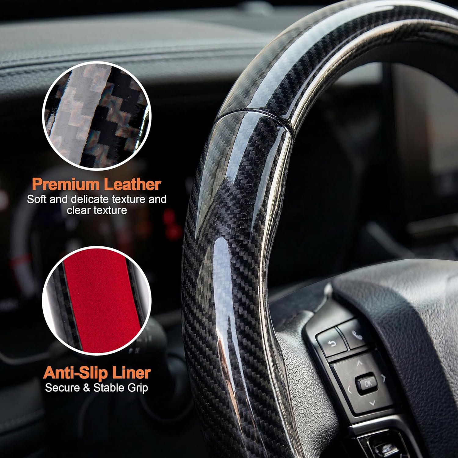 West Llama 3 Piece Carbon Fiber Steering Wheel Cover, 14.5-15 Inch 3 Pc Auto Car Steering Wheel Cover Universal Fit for 99% Cars, SUVs, Trucks (Glossy Black)