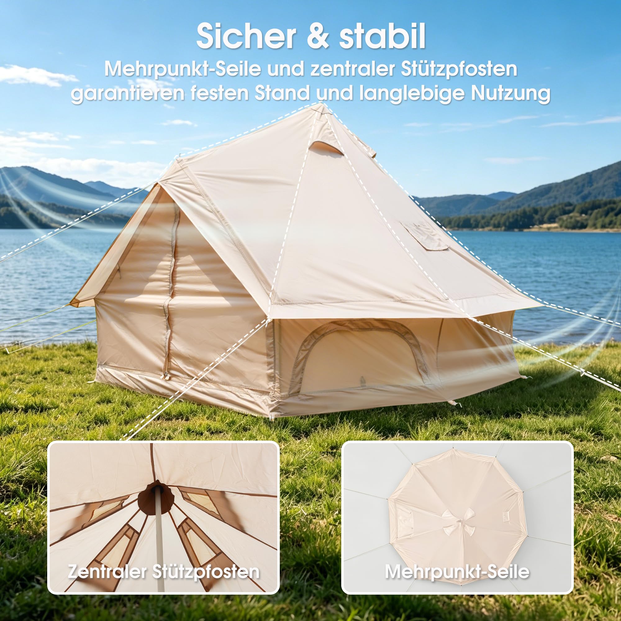 Bell Tipi Zelt Outdoor, 3M & 4M 4-Jahreszeiten Canvas Wasserdichtes Zelt für Camping, 4M Zelt Abnehmbarer Seitenwand, Gruppen Familien, Camping, Feste