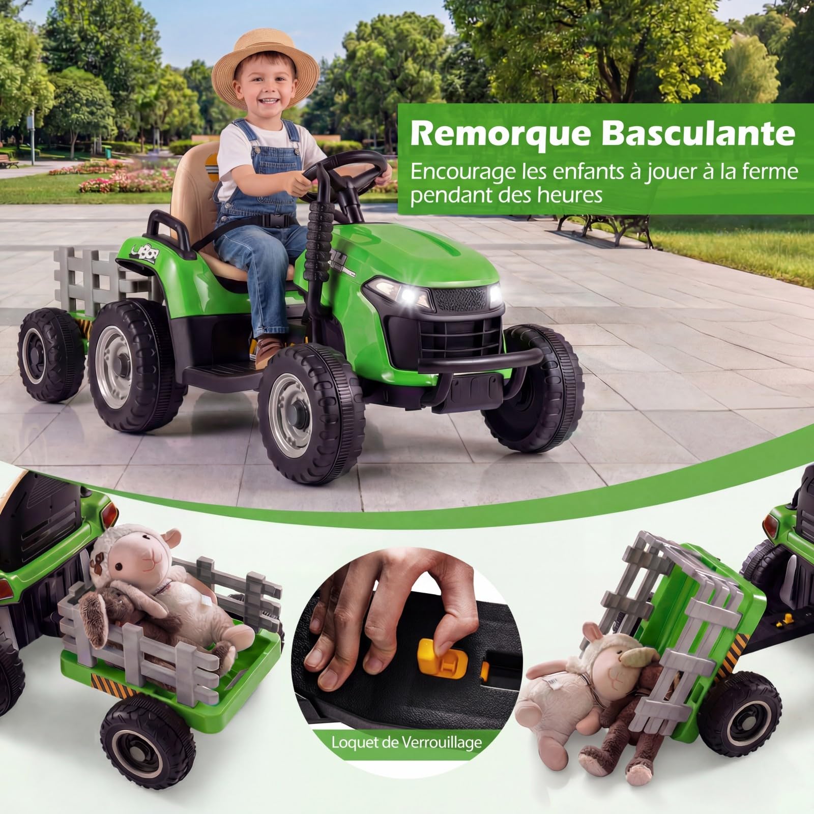 COSTWAY 24V Tracteur Électrique Enfant avec Remorque Amovible et Basculante, Voiture Électrique avec Télécommande 2,4G & Phares LED, Musique, 3,2-7 km/h, Démarrage Lent, Charge 30 kg, 3 Ans+ (Vert)