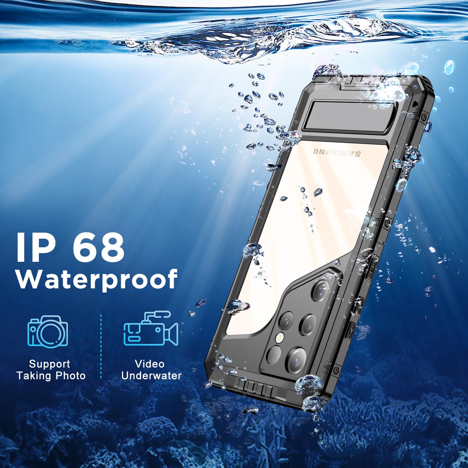 Beeasy para Samsung Galaxy S25 Ultra Funda Impermeable IP68, Militar Antigolpes Metálica Carcasa con Protector de Pantalla y Soporte, 360° Protección Resistente Sumergible Funda, Negro