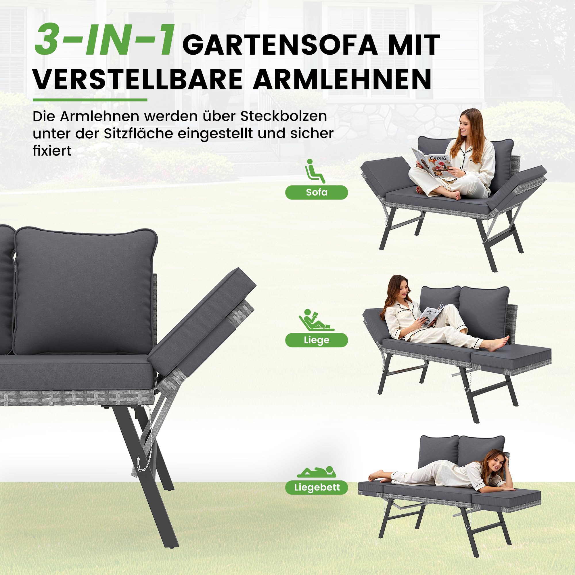 Amopatio Gartenbank Polyrattan mit Liegefunktion – 2-Sitzer Gartensofa mit verstellbaren Armlehnen, wetterfestes Outdoor Sofa für Garten, Balkon & Terrasse, Grau