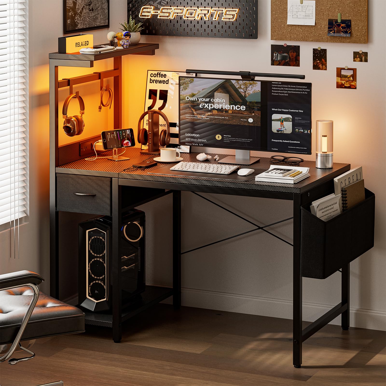 Grandder Gaming Tisch, 120x50 cm Gaming Schreibtisch mit Steckdose & LED-Beleuchtung, Computertisch mit reversiblen Regalen und Schublade, PC Tisch für Homeoffice mit Staufach, Carbonoptik Schwarz