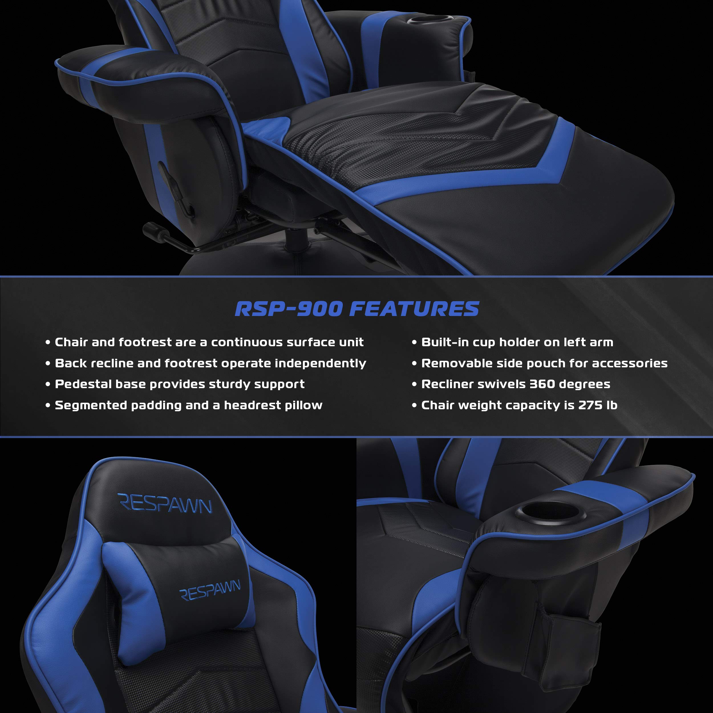 RESPAWN 900 Console Gaming Recliner with Footrest and Lumbar Support - Comfortable Ergonomic Gaming Chair with Headrest, No Wheels, Reclining, Heavy Duty, Racing Style Video Game Chairs - Gray Fabric: Blue