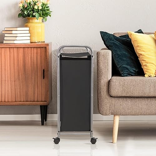 Miniatura 2 de Clasificador de ropa sucia de 2 secciones, 2 bolsas, carrito de lavandería rodante, cesta de lavandería con ruedas resistentes con cerradura y bolsa