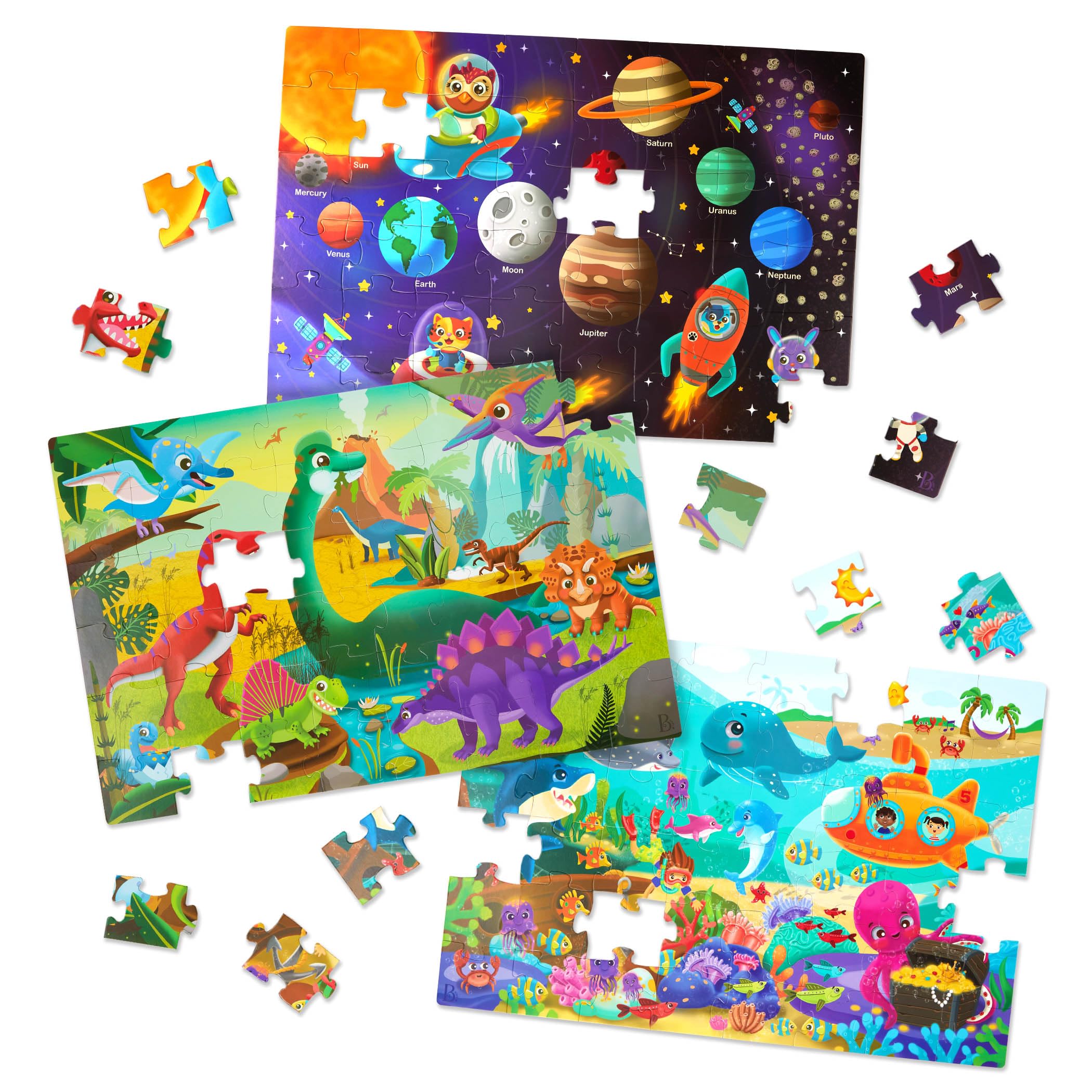 B. Toys - Gigantisches Puzzle 3er-Pack - Meer, Weltraum, Dinos - 48-Teile Bodenpuzzle (3er-Pack) - Ozean, Weltraum, Dinosaurier - Große 2 Fuß x 3 Fuß Puzzles für Kinder - 3 Jahre +