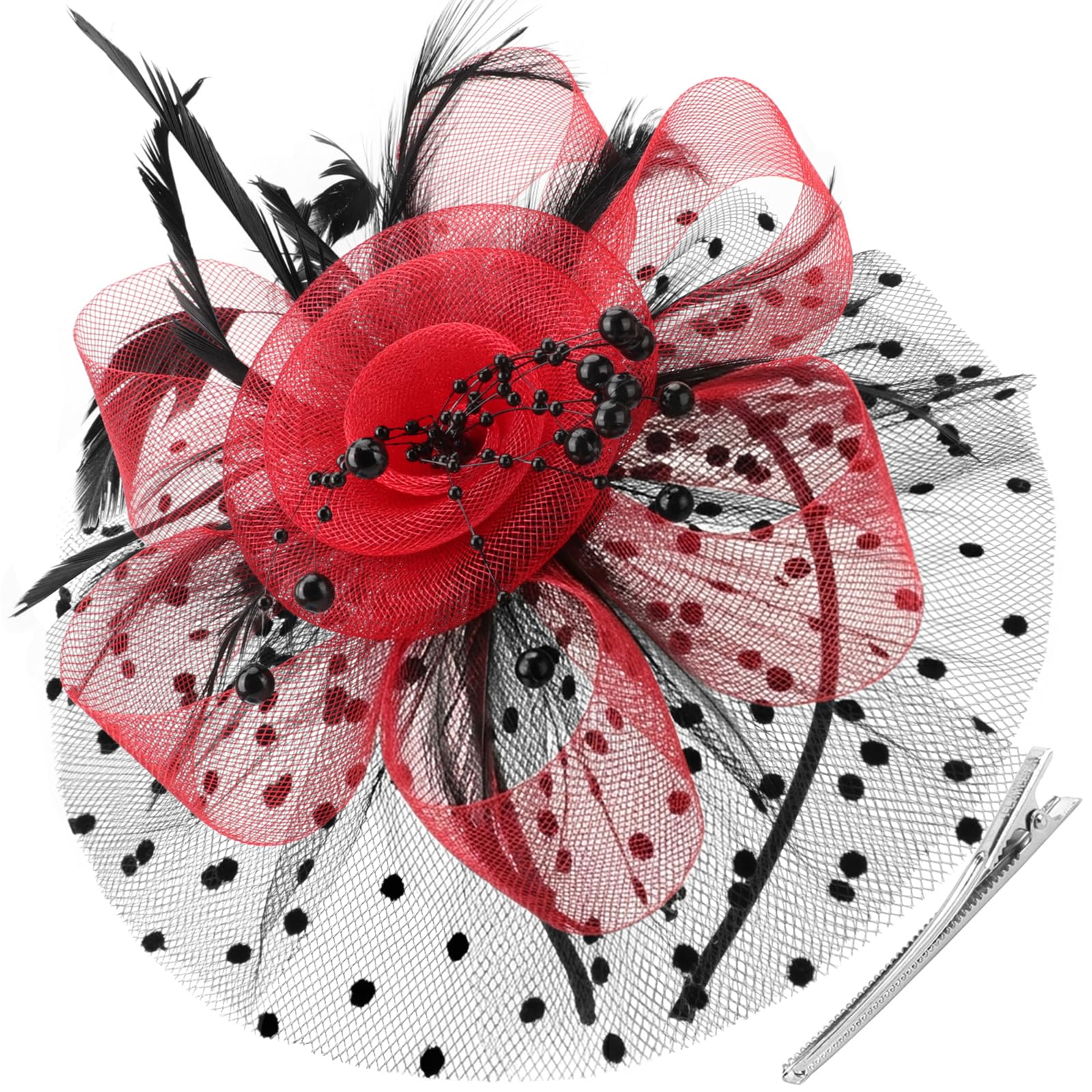 DRESHOW Fascinators Hat Flower Mesh Ribbons Feathers on a Headband and a Clip Tea Party Headwear for Girls and Women