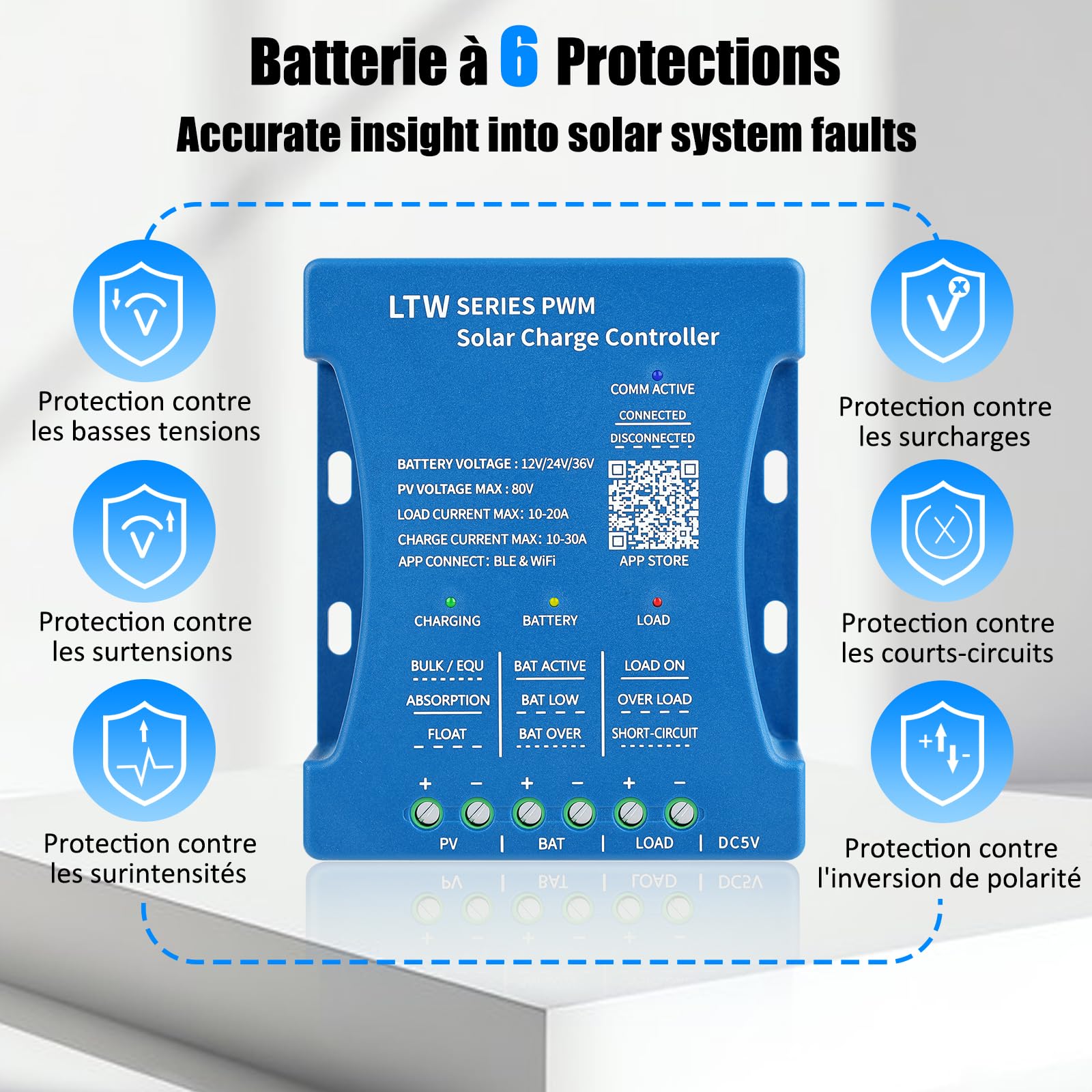 Contrôleurs solaires WiFi 30 A 12 V : contrôleur de charge solaire 30 A 12 V/24 V/36 V ultra-télécommande WiFi PV : contrôleur de panneau solaire Bluetooth intelligent PWM pour plomb-acide, LiFePO4