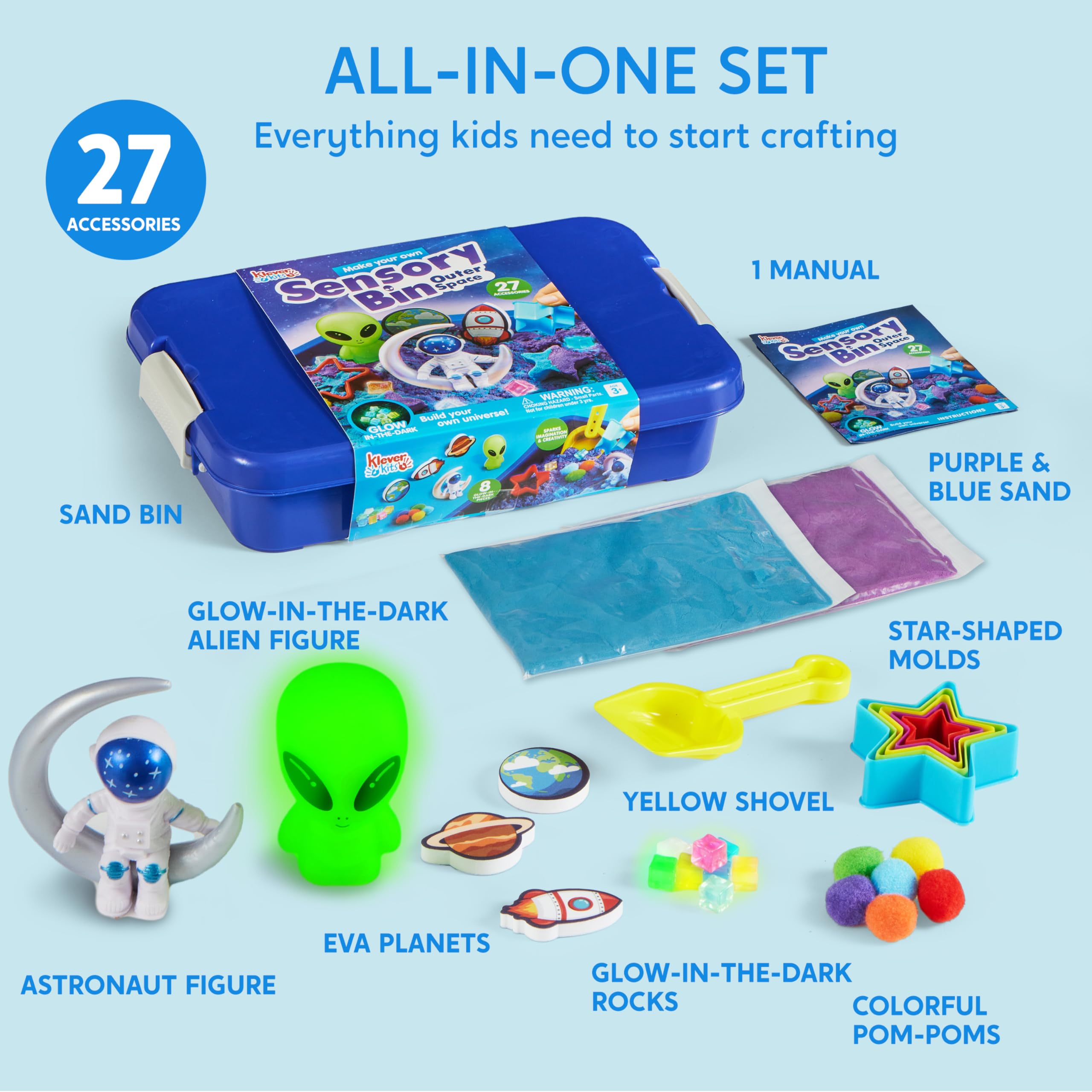 Klever Kits Space Sensory Bin for Toddlers with Glow in The Dark Stones Alien, Sandbox with Lid Planet Universe kit, Preschool Learning Activities Gifts for Boys Girls Age 3+