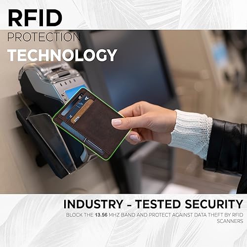 Miniatura 2 de Cartera con tarjetero minimalista para hombres y mujeres con bloqueo RFID y bolsillo frontal de cuero, Marrón Hunter, S