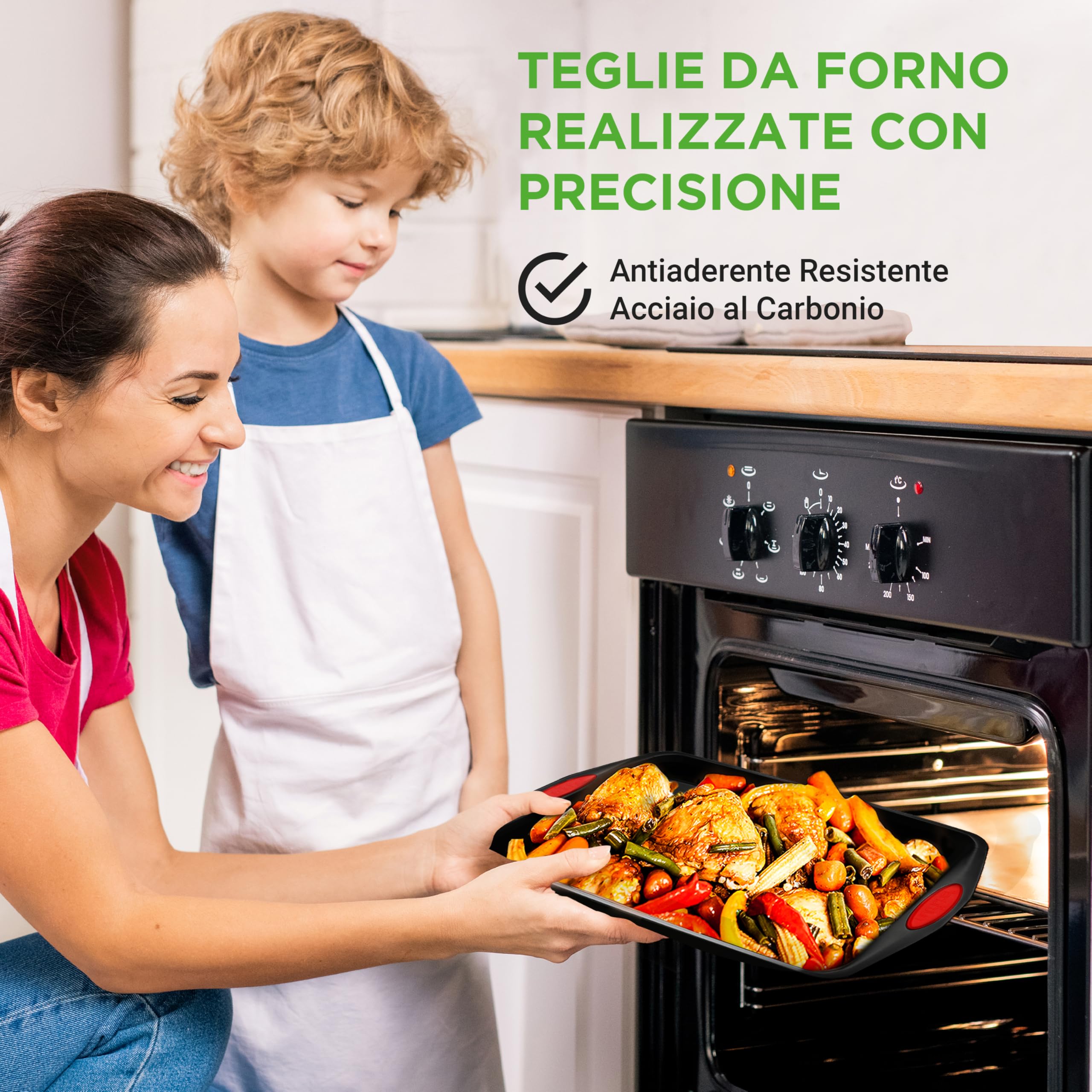 NutriChef Set 6 Pezzi Teglie Forno Antiaderenti in Acciaio al Carbonio con Manici in Silicone, Teglie da Forno per Pizza, Pane, Dolci, Biscotti, Lasagna, Verdura, Torta, Stampo Muffin, Stampo Plumcake