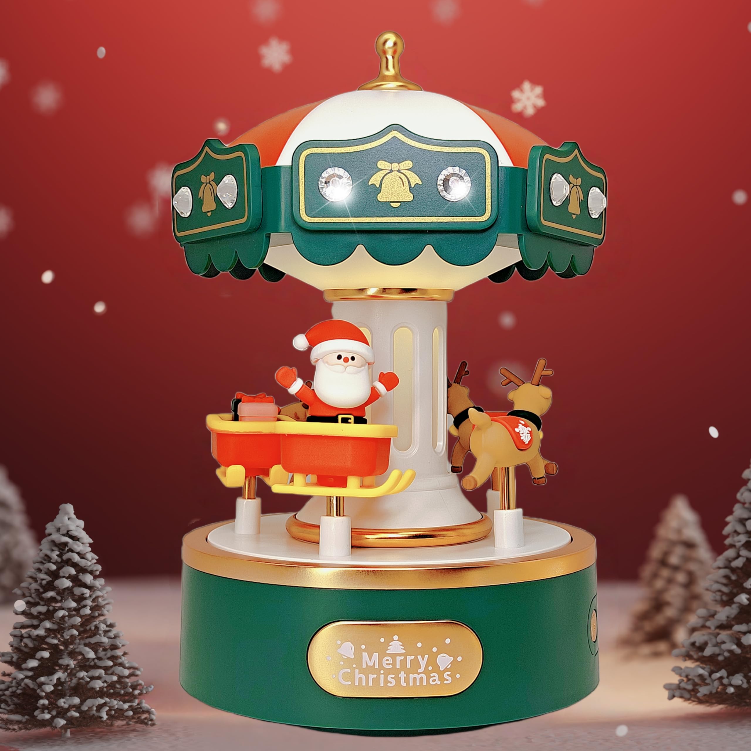 Carrusel de caja de música eléctrica con gemas brillantes, decoración encantadora y regalo sincero para cumpleaños, aniversario, Navidad, día de San Valentín y día de la madre (verde