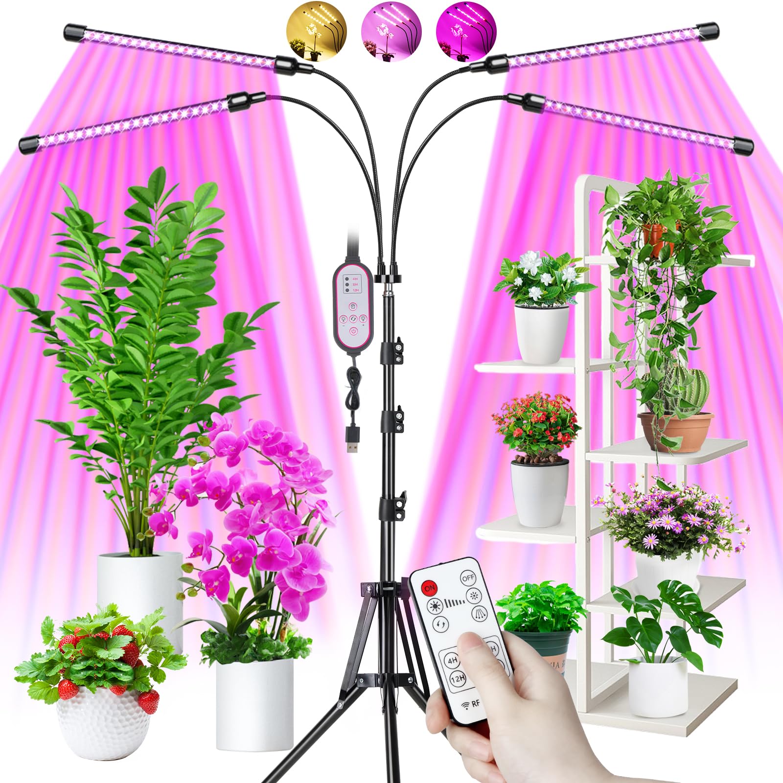Grow Lights for Indoor Plants, 80 LEDs 4 Heads Full Spectrum Led Grow Light with Stand, Plant Light with 10 Dimming Level & Auto 4/8/12H Timer, 3 Lighting Modes for Large Plants Flower [Energy Class F]