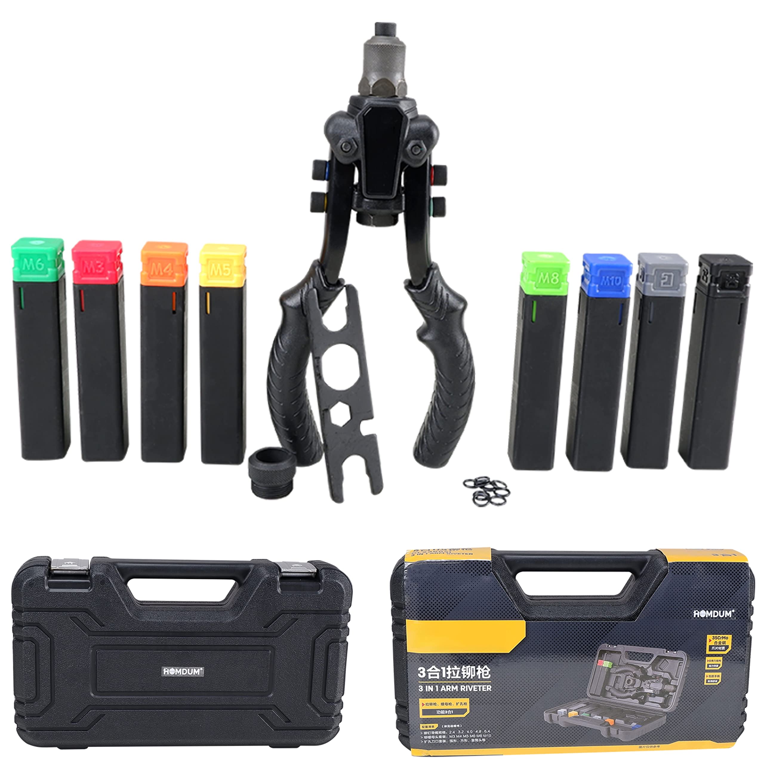 Homdum 12 inch 3 in 1 Nut Rivet Gun Heavy Duty Nut Riveter Jacket Nut Riveting Tool Metric Mandrels Nozel M3-M10 Multifunction Rivet Nut Tool