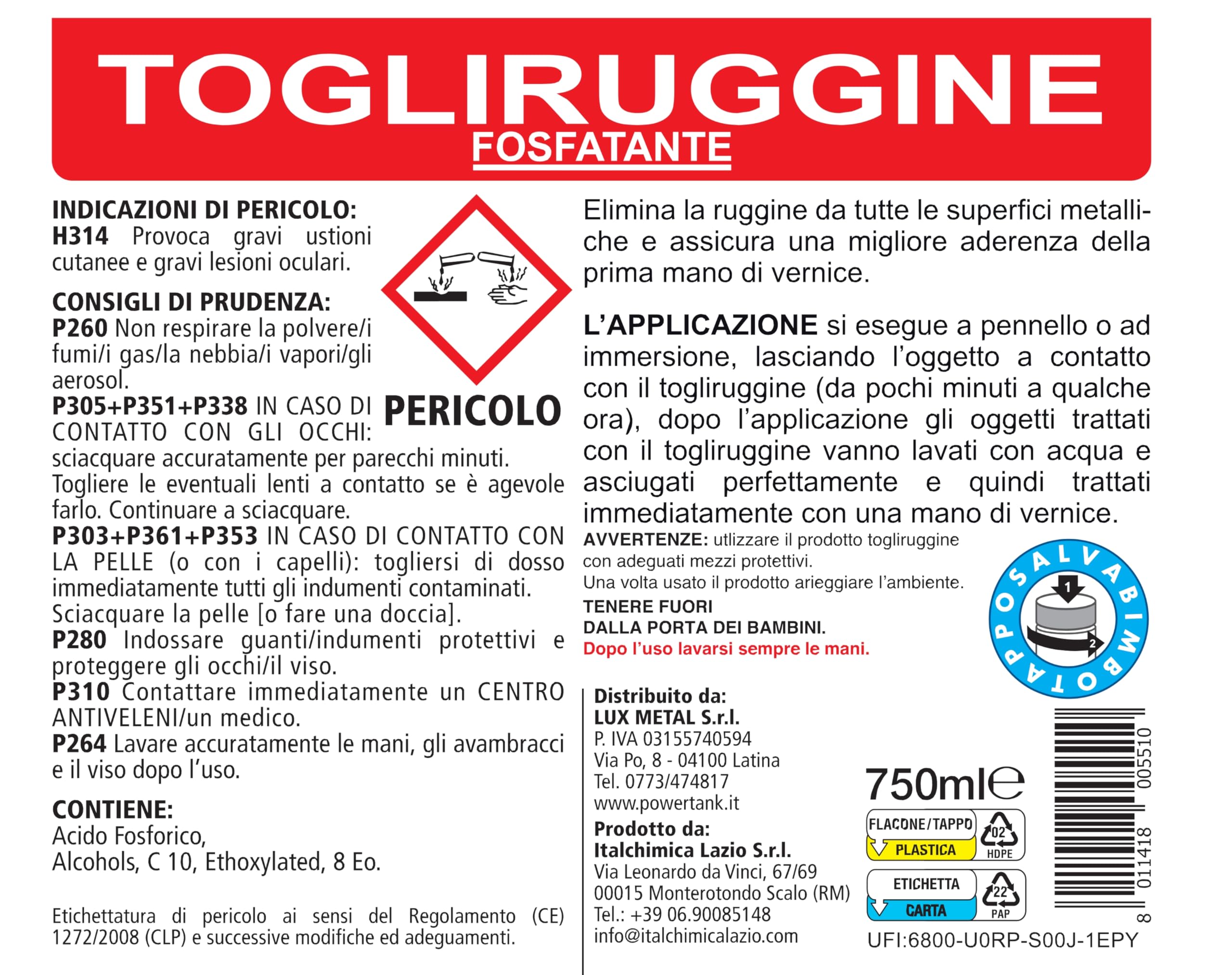 Lux Metal 3 Togli Ruggine 750 ml Potente Antiruggine Convertitore Ruggine con Acido Fosforico Rimuovi Elimina Sciogli Ruggine dal Metallo Antiruggine Convertiruggine per Ferro Rust Remover Auto Moto