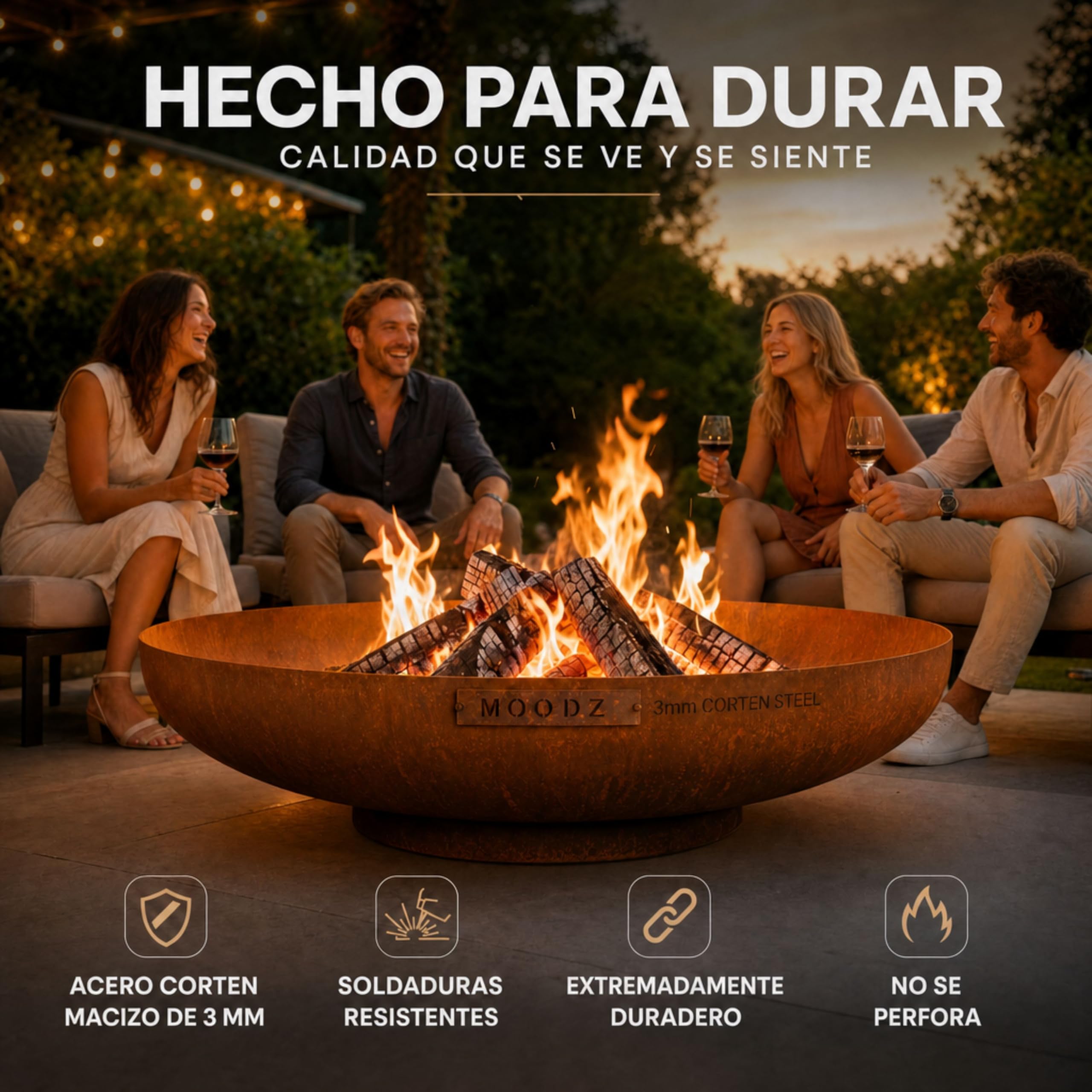 MOODZ Brasero de Exterior en Acero Corten Ø 100 cm - Pozo de Fuego Robusto de 3 mm de Espesor - Fogón de Jardín Resistente a la Intemperie - Gran Cuenco de Fuego para Terraza y Patio