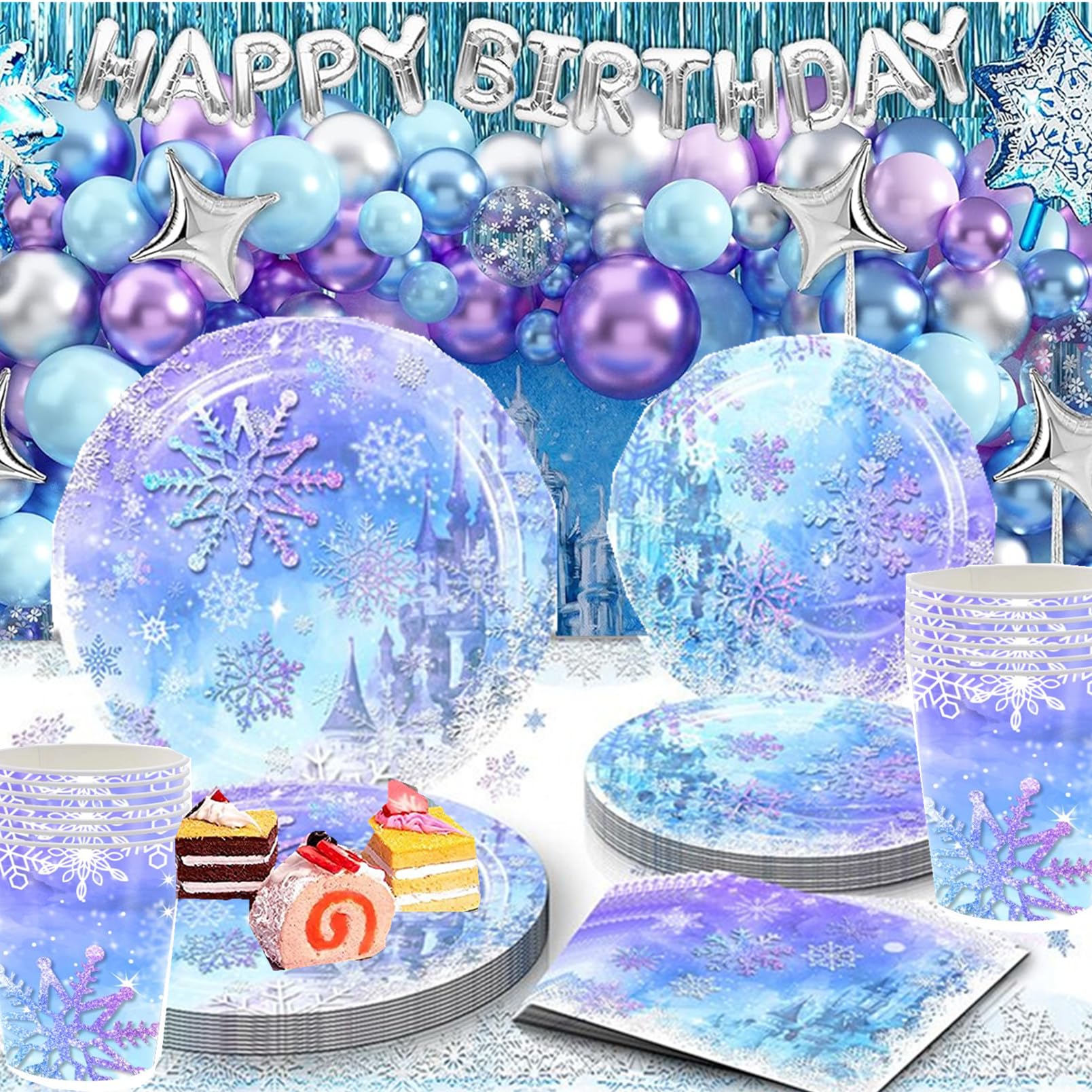 Fournitures de fête flocon de neige - Ensemble complet de vaisselle de fête flocon de neige bleu violet - Assiettes, tasses, serviettes, nappes, pour décorations de fête d'hiver